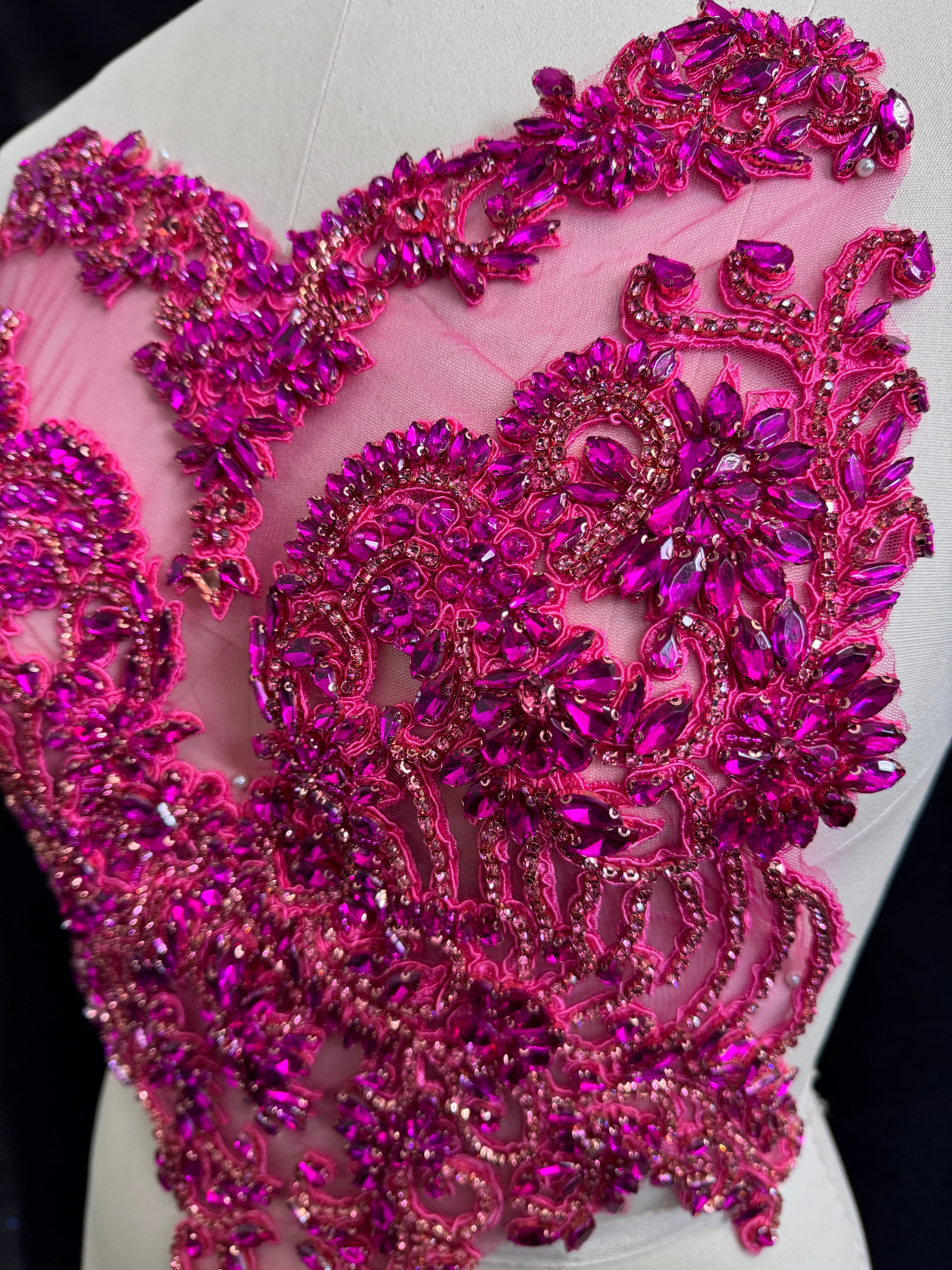 Alex Fuchsia Rhinestone Bodice Applique, dark pink rhinestone, pink rhinestone, light pink rhinestone