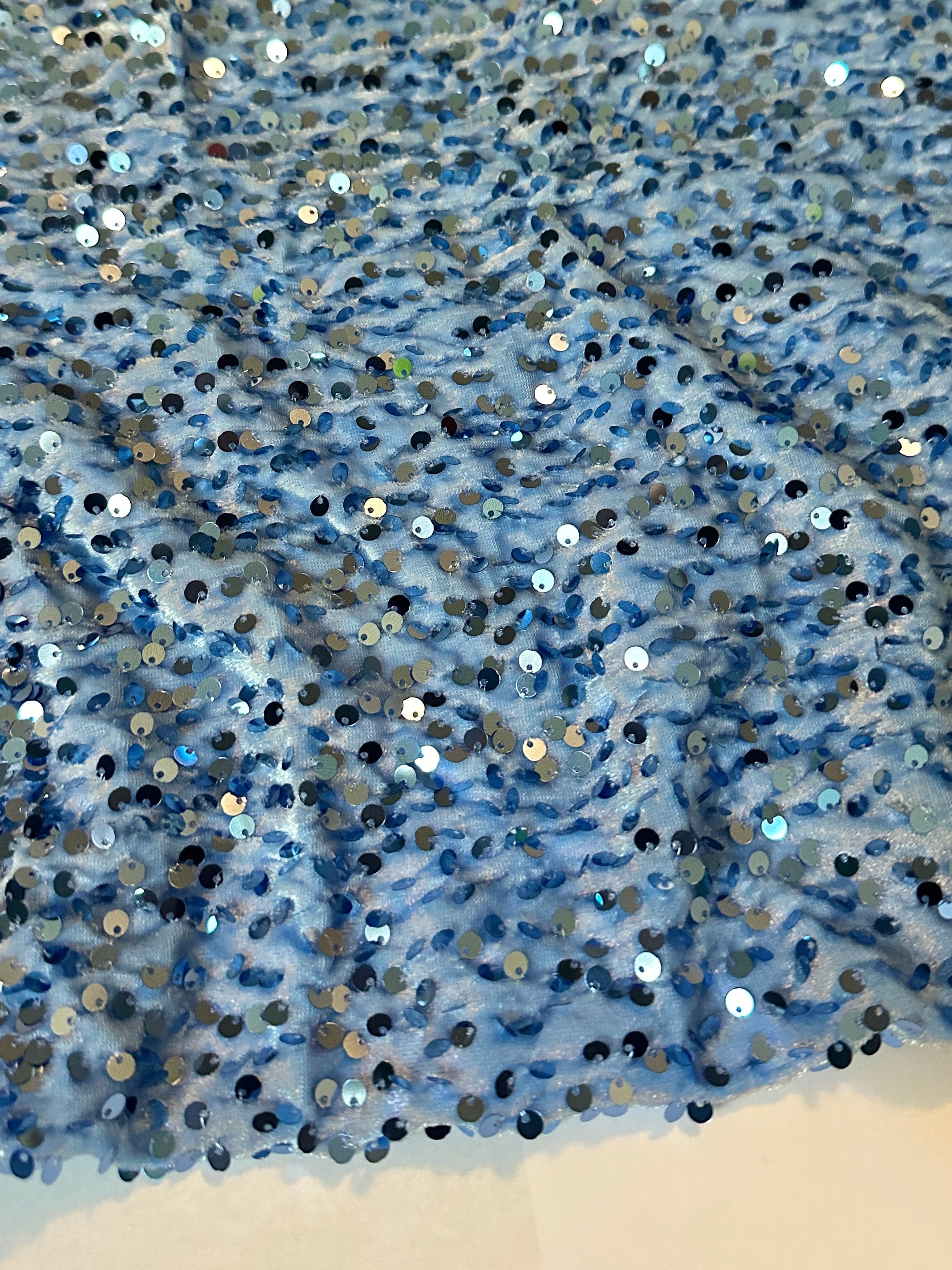 Sky Blue Sequins Velvet, Stretch Sequin velvet for woman, Stretch Sequin velvet for bride, Stretch Sequin velvet on discount, Stretch Sequin velvet online
