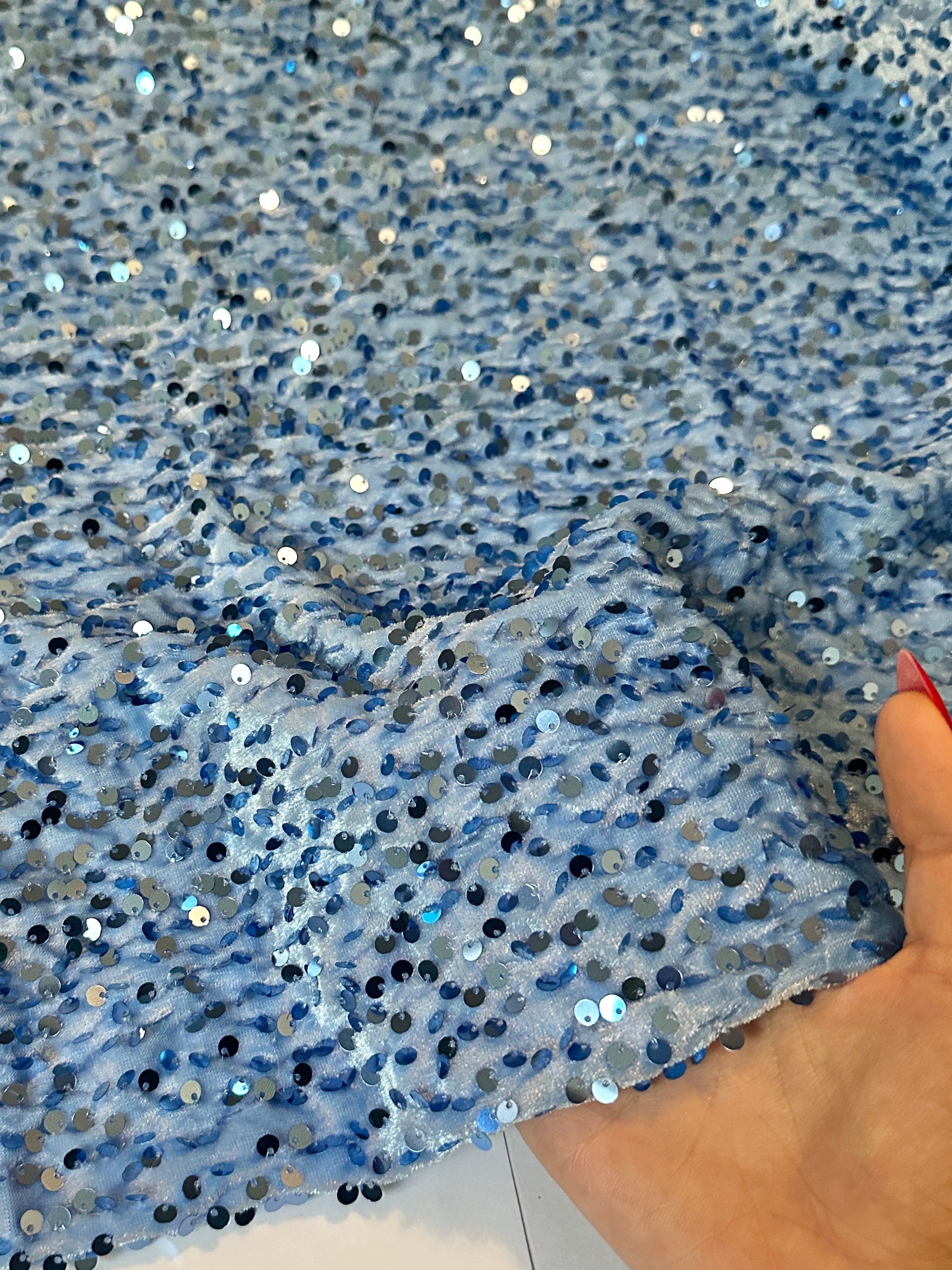 Sky Blue Sequins Velvet, Stretch Sequin velvet for woman, Stretch Sequin velvet for bride, Stretch Sequin velvet on discount, Stretch Sequin velvet online