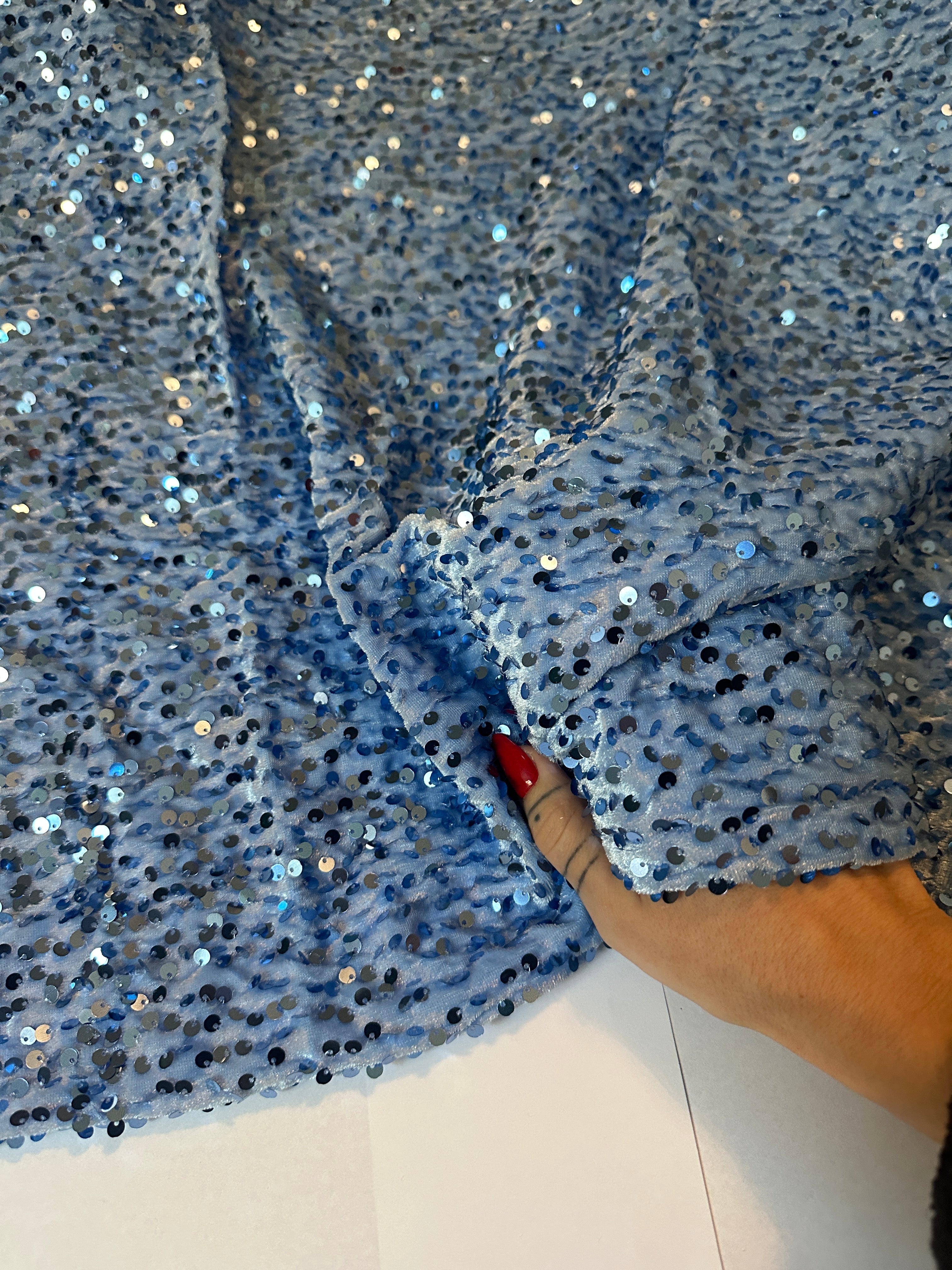 Sky Blue Sequins Velvet, Fabric Store, Sewing Store, Cheap Fabric Store, Kiki Textiles, Textile by the Yard