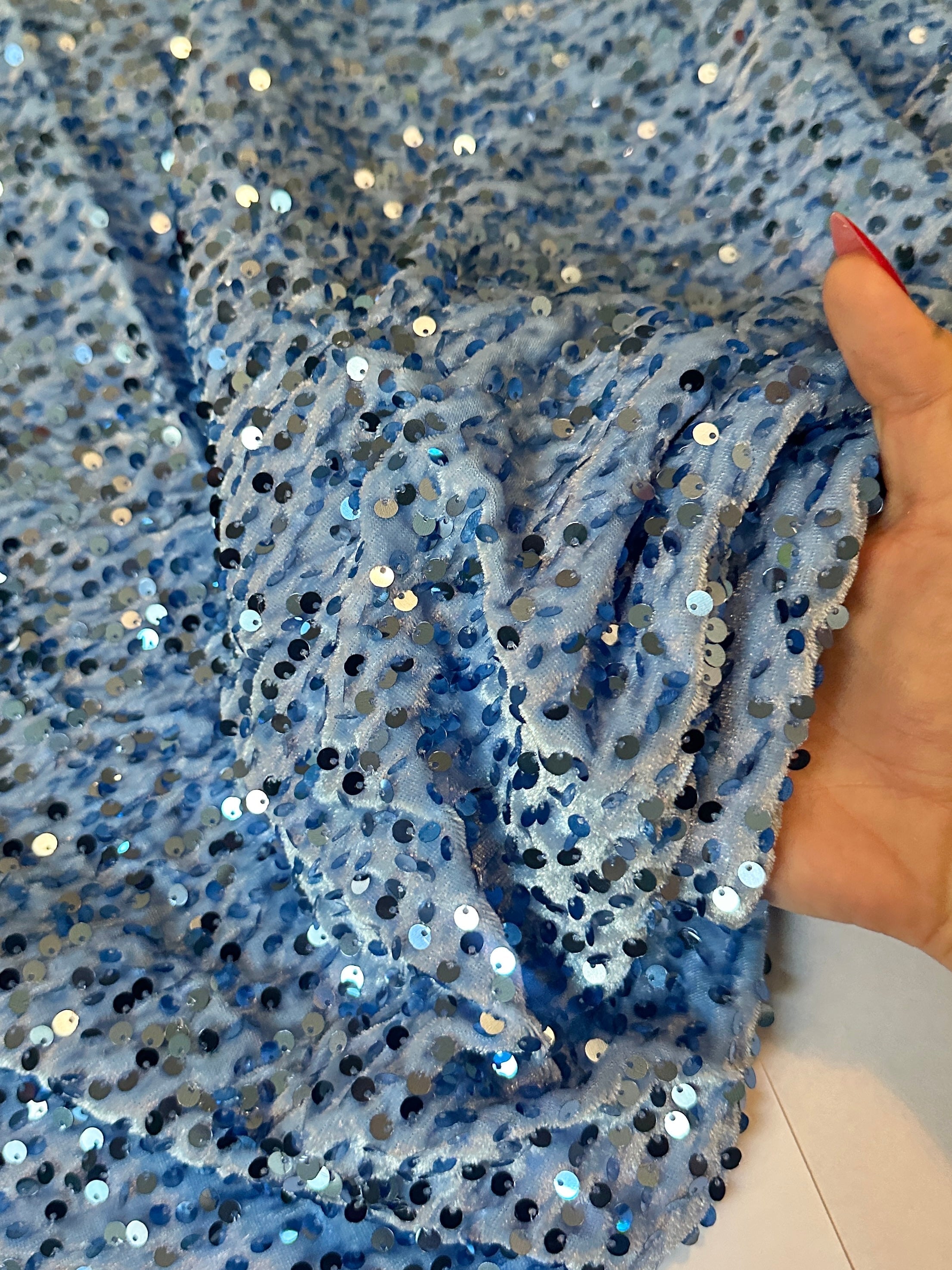 Sky Blue Sequins Velvet, Fabric Store, Sewing Store, Cheap Fabric Store, Kiki Textiles, Textile by the Yard