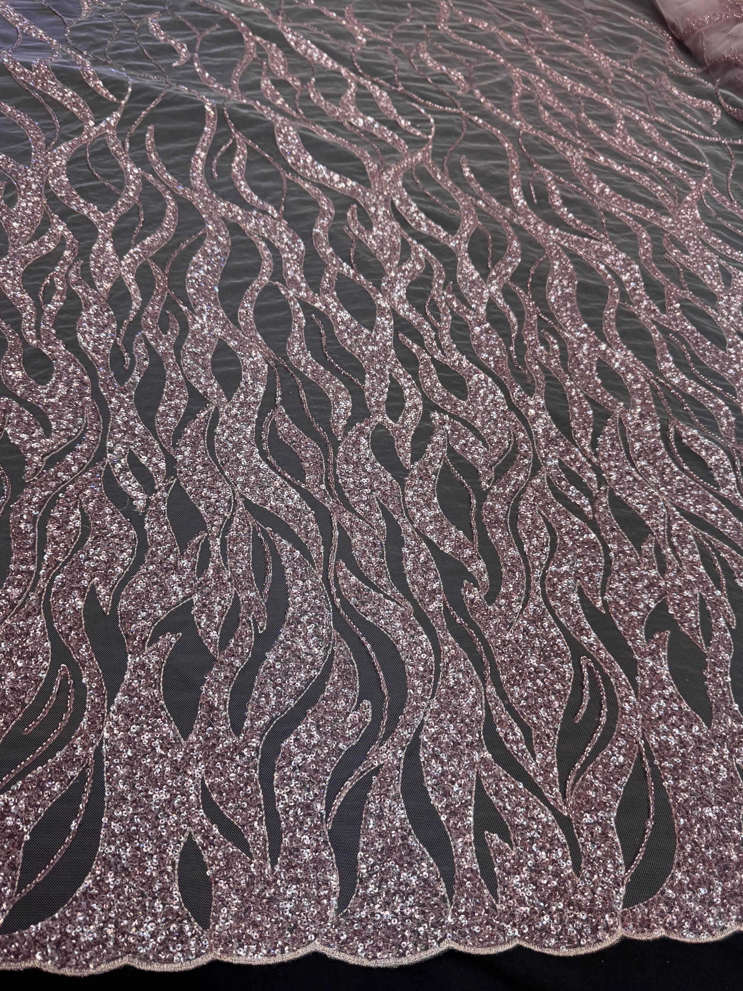 Blush Pink Flame Sequin Beaded Lace, Beaded Lace Fabric, Sequin Lace Fabric, Flame Sequin Fabric, Embroidered Lace Fabric, Embellished Mesh Fabric, Beaded Mesh Fabric