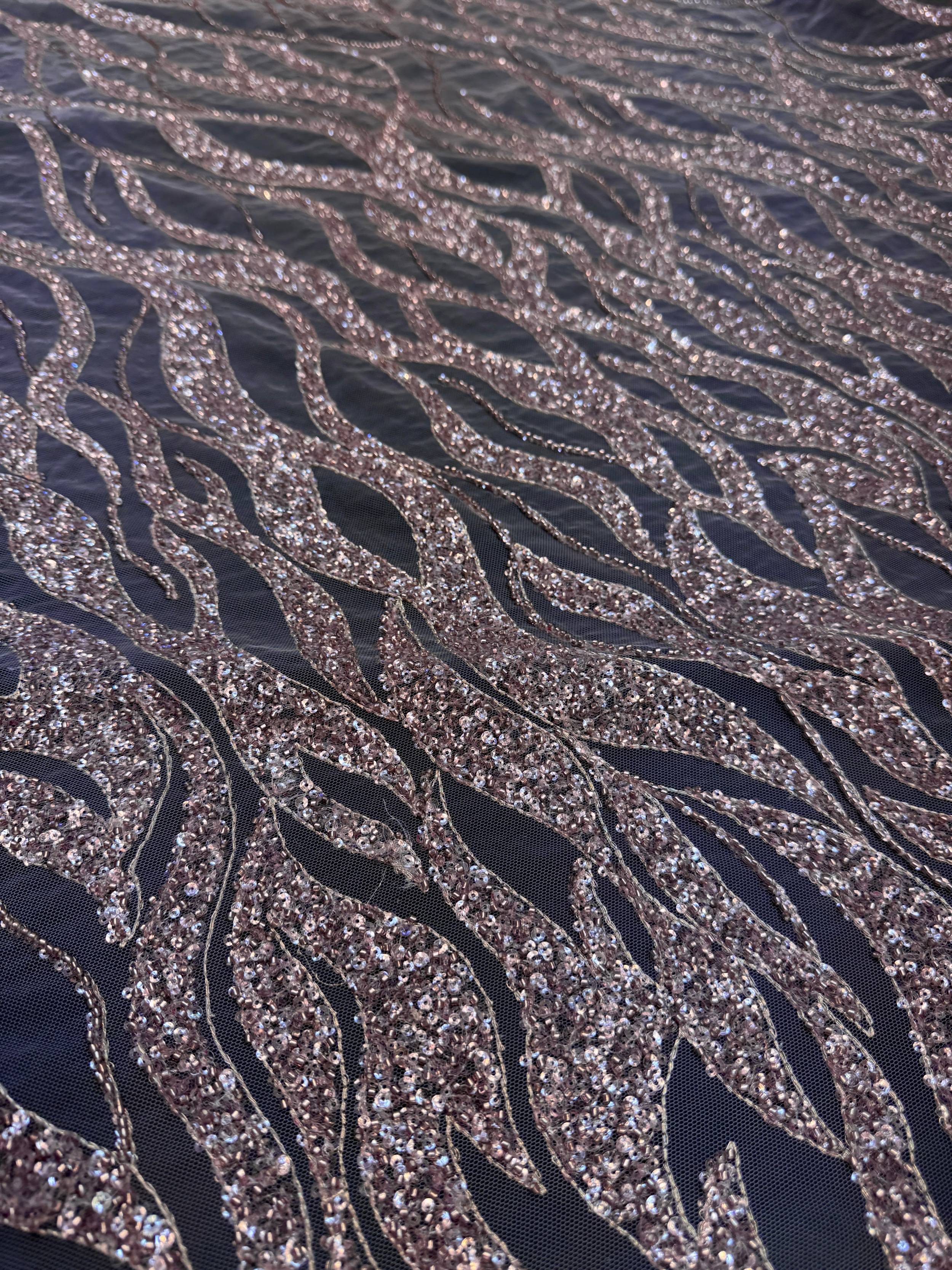 Blush Pink Flame Sequin Beaded Lace, Beaded Lace Fabric, Sequin Lace Fabric, Flame Sequin Fabric, Embroidered Lace Fabric, Embellished Mesh Fabric, Beaded Mesh Fabric