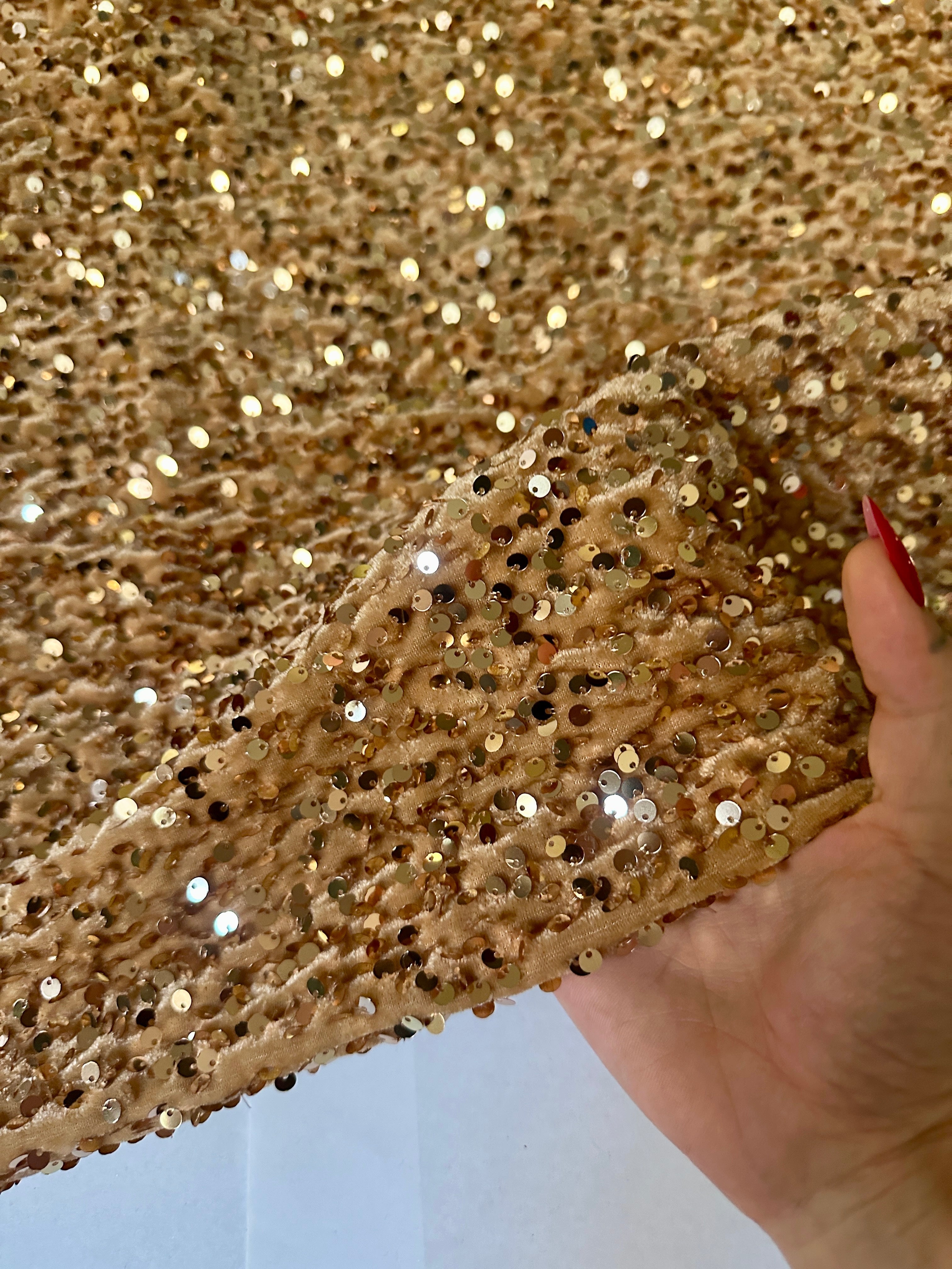 Gold Champagne Sequins Velvet, Stretch Sequin velvet for woman, Stretch Sequin velvet for bride, Stretch Sequin velvet on discount, Stretch Sequin velvet online
