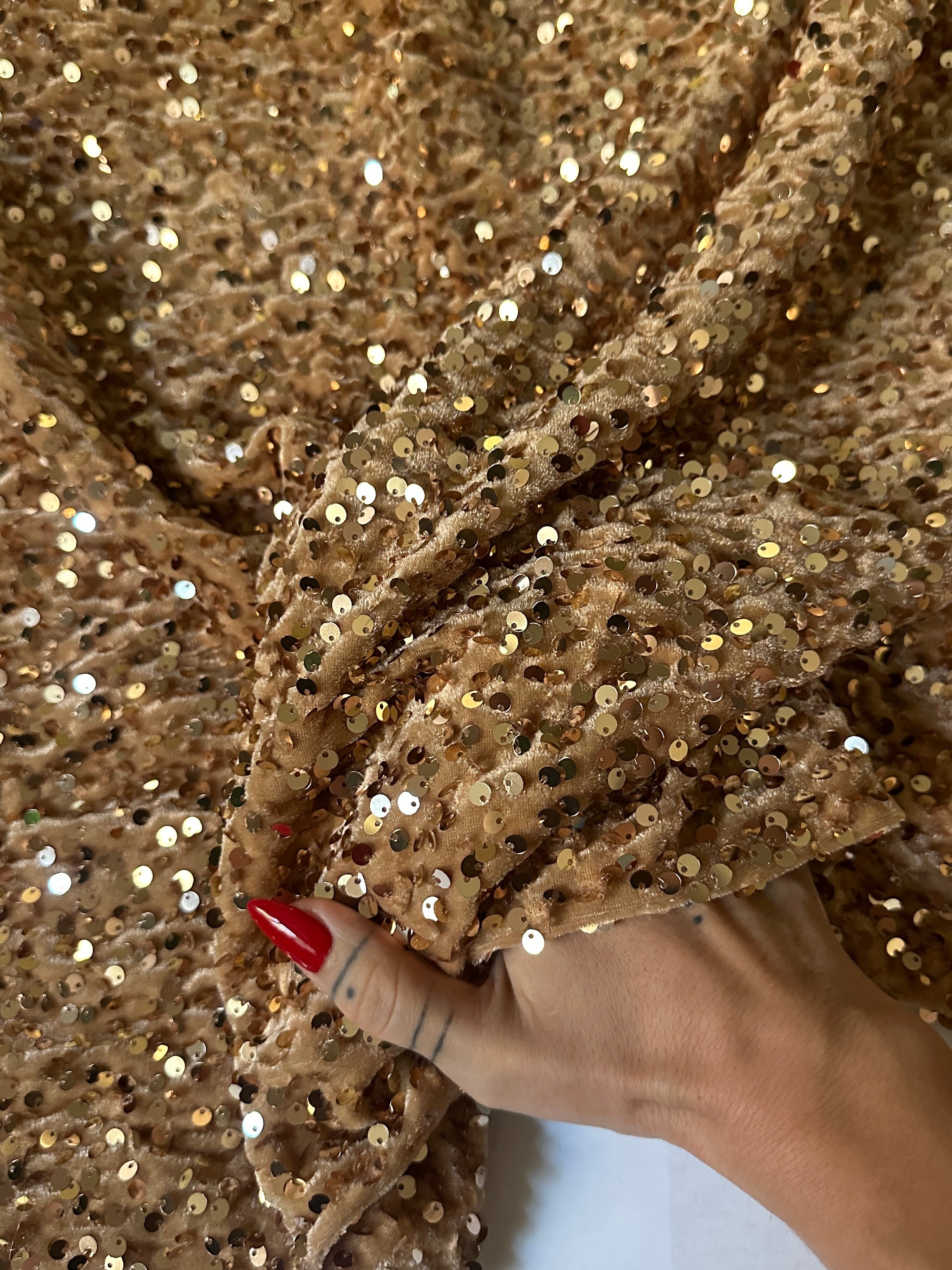 Gold Champagne Sequins Velvet, Fabric Store, Sewing Store, Cheap Fabric Store, Kiki Textiles, Textile by the Yard