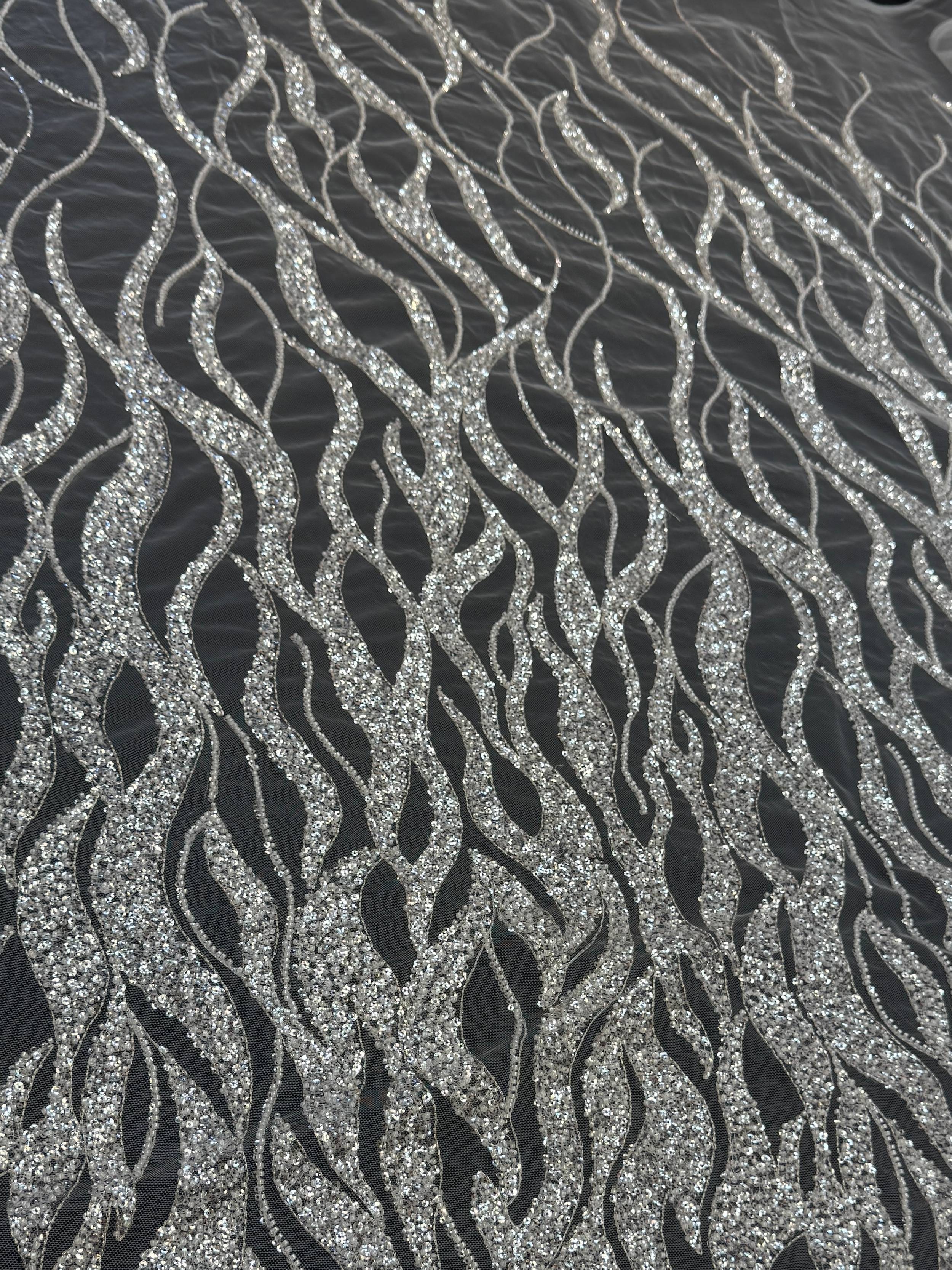 Silver Flame Sequin Beaded Lace, Beaded Lace Fabric, Sequin Lace Fabric, Flame Sequin Fabric, Embroidered Lace Fabric, Embellished Mesh Fabric, Beaded Mesh Fabric