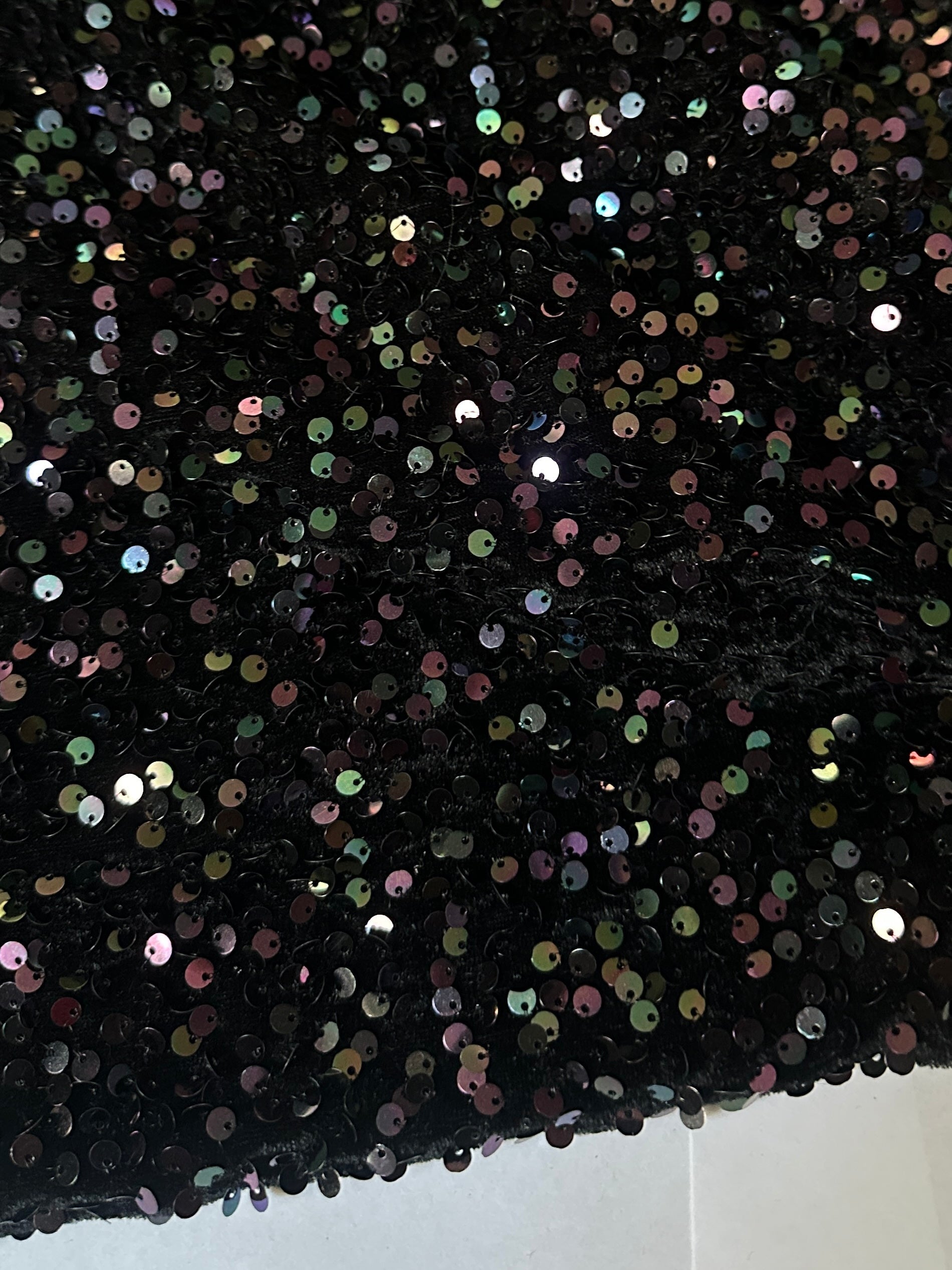 Black Iridescent Sequins Velvet, Stretch Sequin velvet for woman, Stretch Sequin velvet for bride, Stretch Sequin velvet on discount, Stretch Sequin velvet online
