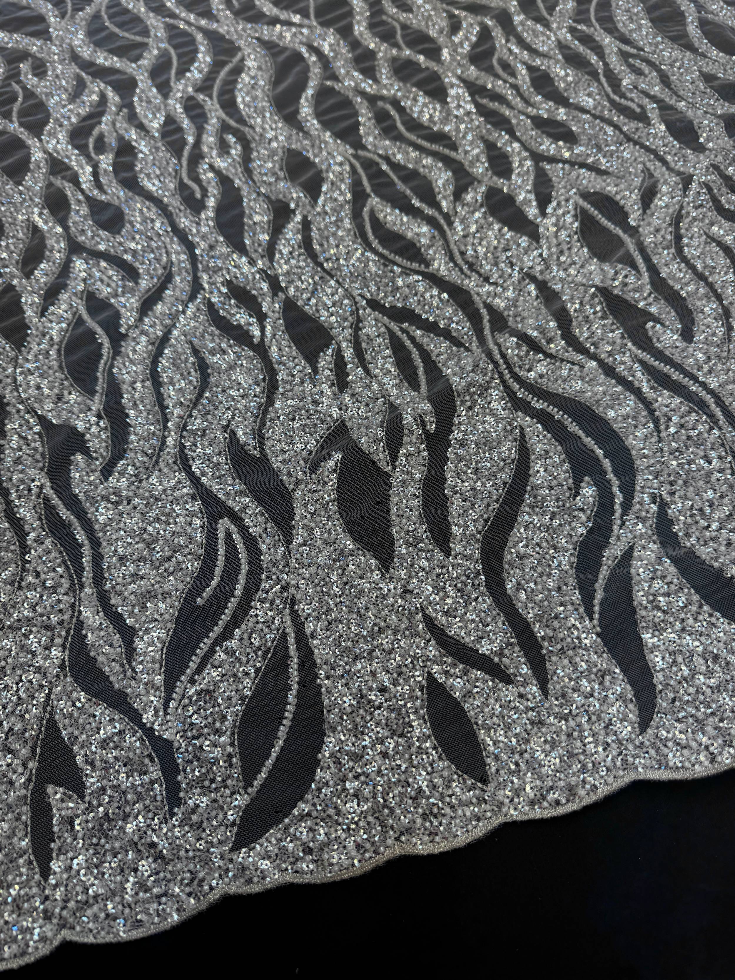 Silver Flame Sequin Beaded Lace, Beaded Lace Fabric, Sequin Lace Fabric, Flame Sequin Fabric, Embroidered Lace Fabric, Embellished Mesh Fabric, Beaded Mesh Fabric