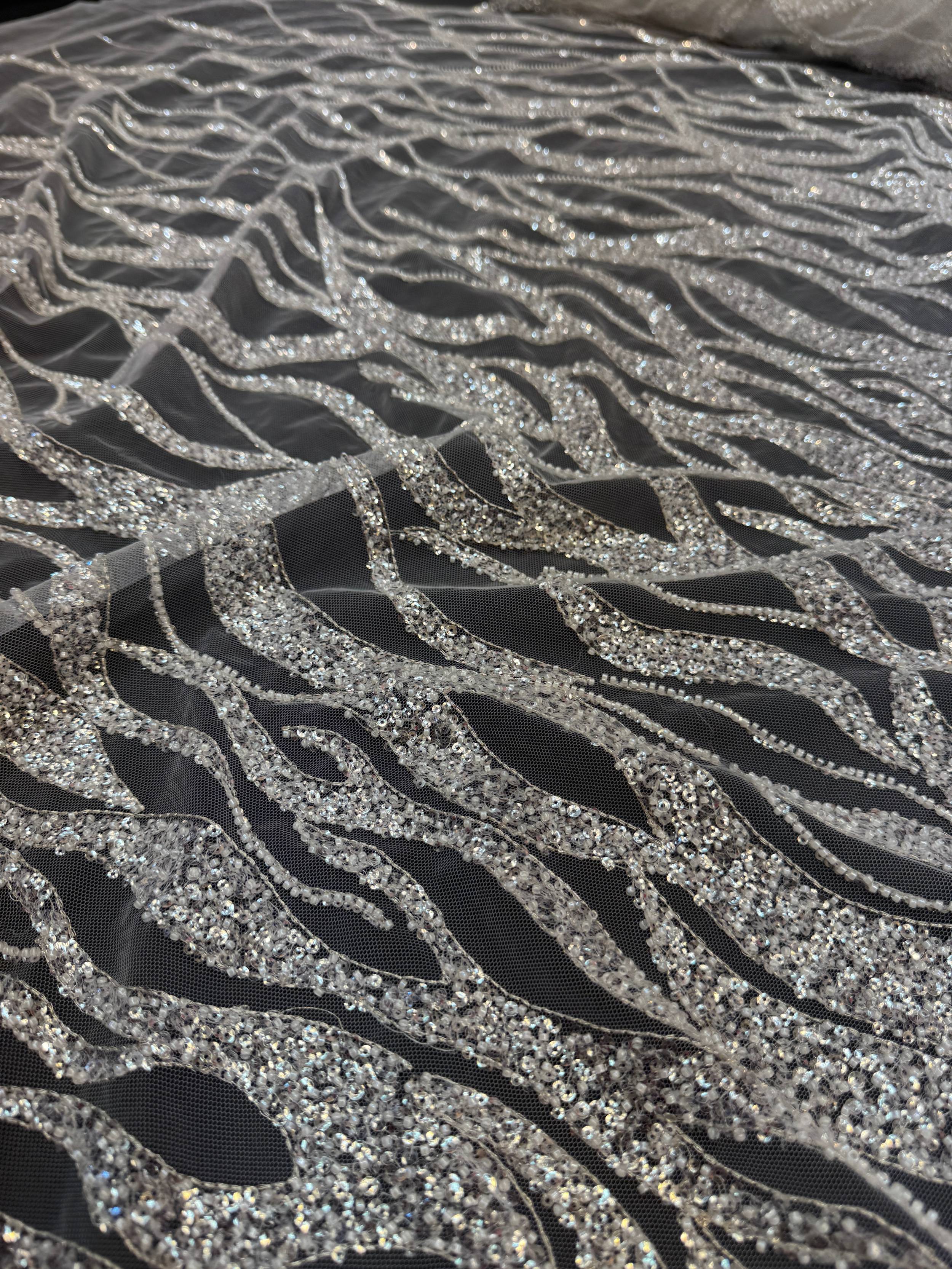 Silver Flame Sequin Beaded Lace, Beaded Lace Fabric, Sequin Lace Fabric, Flame Sequin Fabric, Embroidered Lace Fabric, Embellished Mesh Fabric, Beaded Mesh Fabric