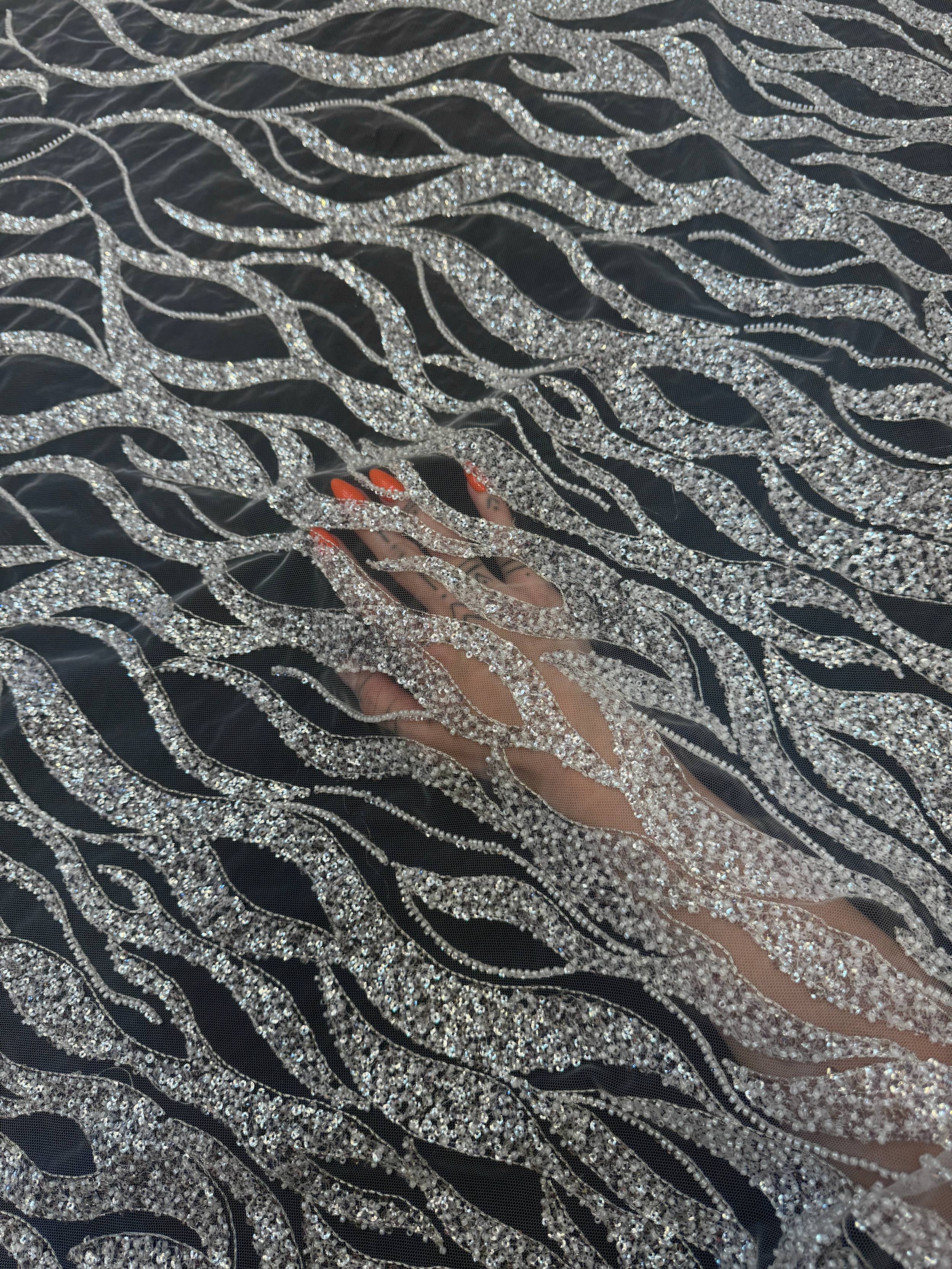 Silver Flame Sequin Beaded Lace, Kiki Sewing Store, Kiki Luxury Fabric, Cheap Fabric Store, Kiki Textiles, Kiki Textile by the Yard, Kiki Textile USA
