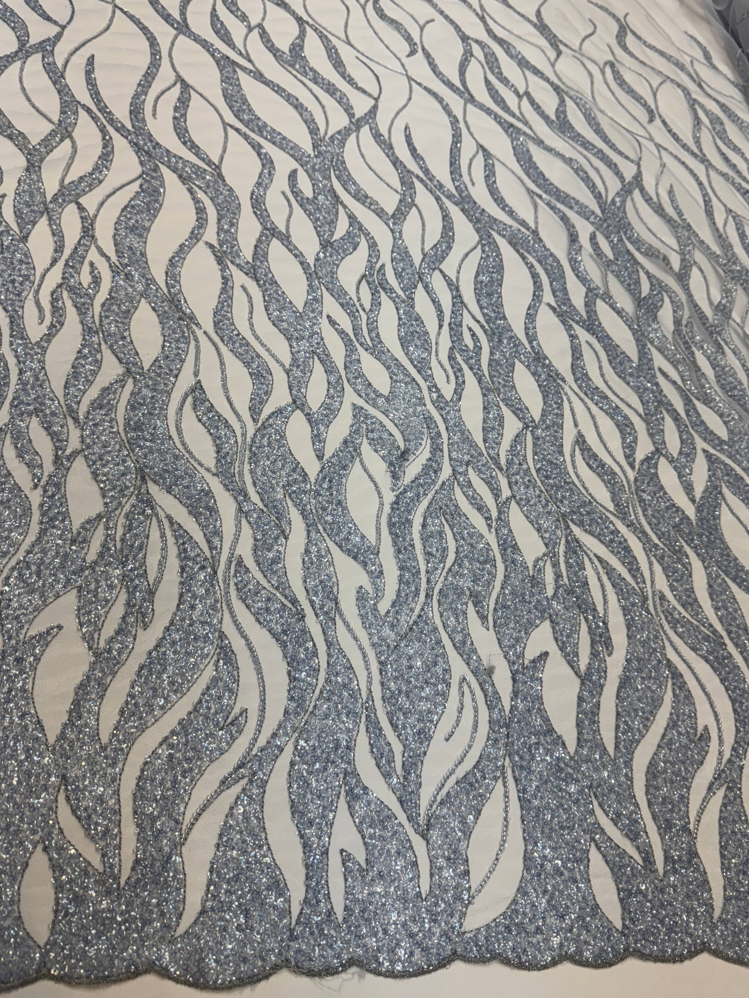 Baby Blue Flame Sequin Beaded Lace, Beaded Lace Fabric, Sequin Lace Fabric, Flame Sequin Fabric, Embroidered Lace Fabric, Embellished Mesh Fabric, Beaded Mesh Fabric