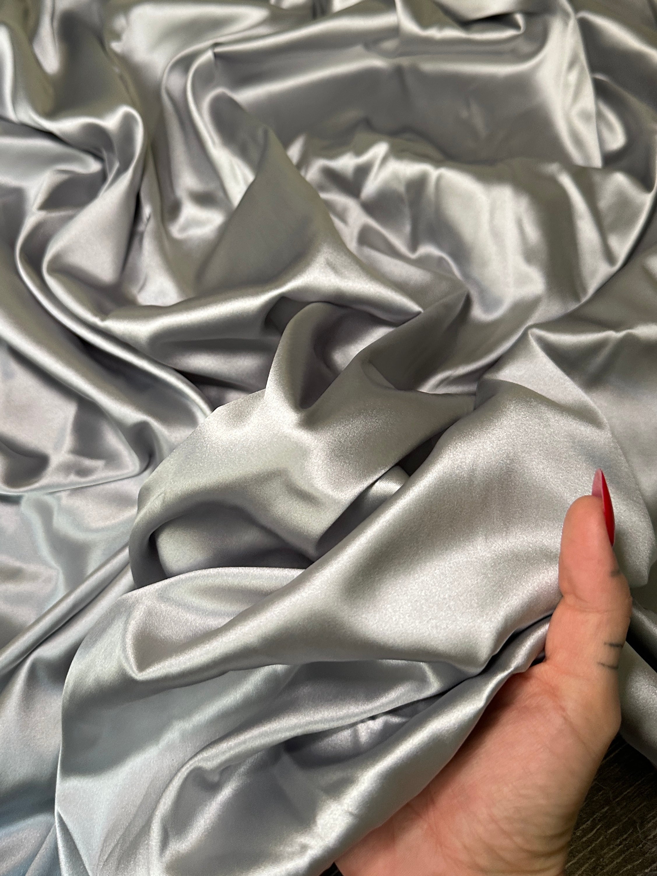 Silver Stretch Crepe Back Satin, Fabric Store, Sewing Store, Cheap Fabric Store, Kiki Textiles, Textile by the Yard