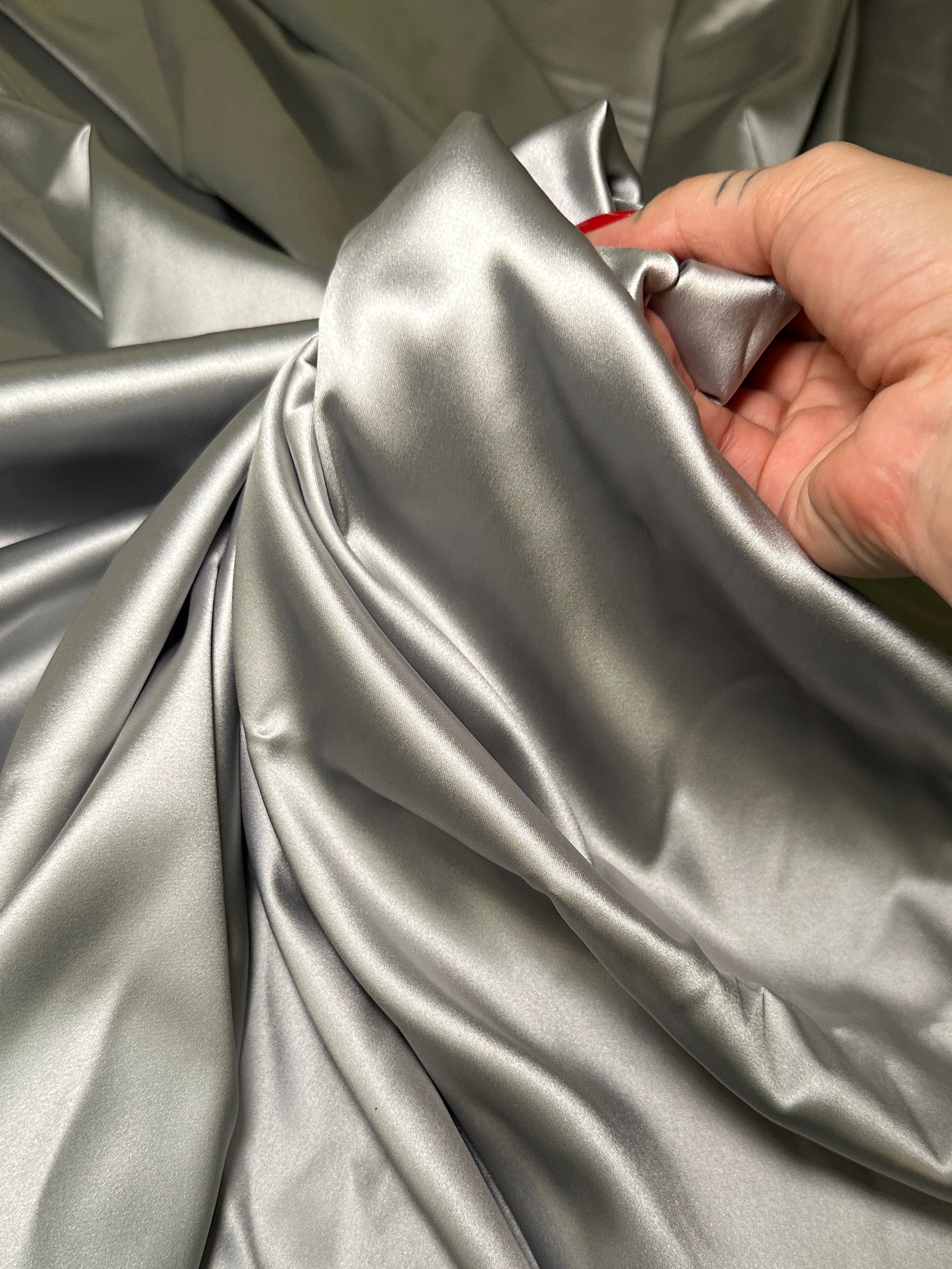 Silver Stretch Crepe Back Satin, Fabric Store, Sewing Store, Cheap Fabric Store, Kiki Textiles, Textile by the Yard
