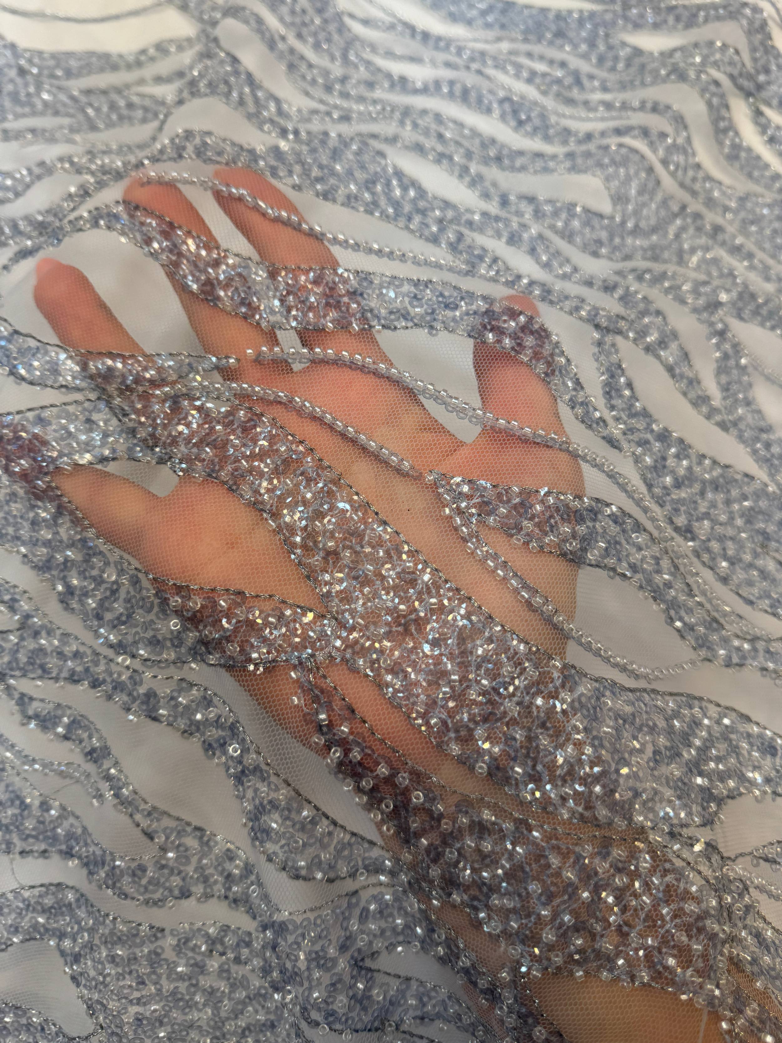 Baby Blue Flame Sequin Beaded Lace, Kiki Sewing Store, Kiki Luxury Fabric, Cheap Fabric Store, Kiki Textiles, Kiki Textile by the Yard, Kiki Textile USA