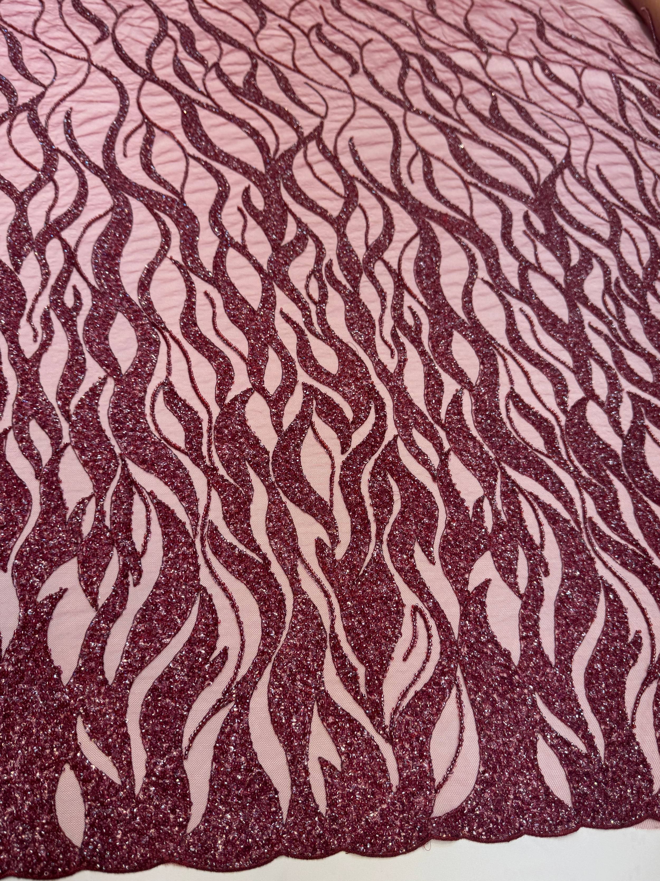 Burgundy Flame Sequin Beaded Lace, Beaded Lace Fabric, Sequin Lace Fabric, Flame Sequin Fabric, Embroidered Lace Fabric, Embellished Mesh Fabric, Beaded Mesh Fabric