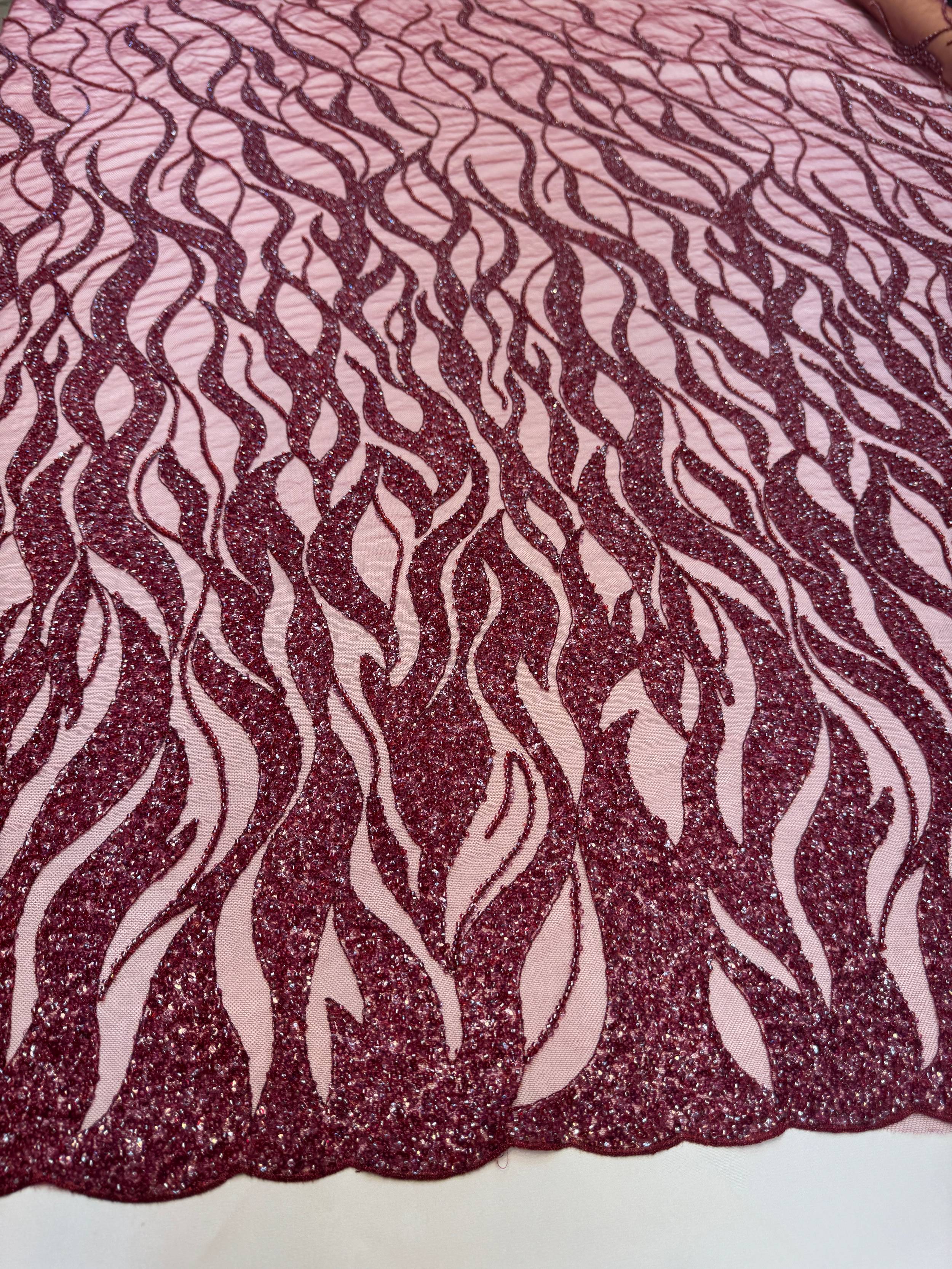 Burgundy Flame Sequin Beaded Lace, Beaded Lace Fabric, Sequin Lace Fabric, Flame Sequin Fabric, Embroidered Lace Fabric, Embellished Mesh Fabric, Beaded Mesh Fabric