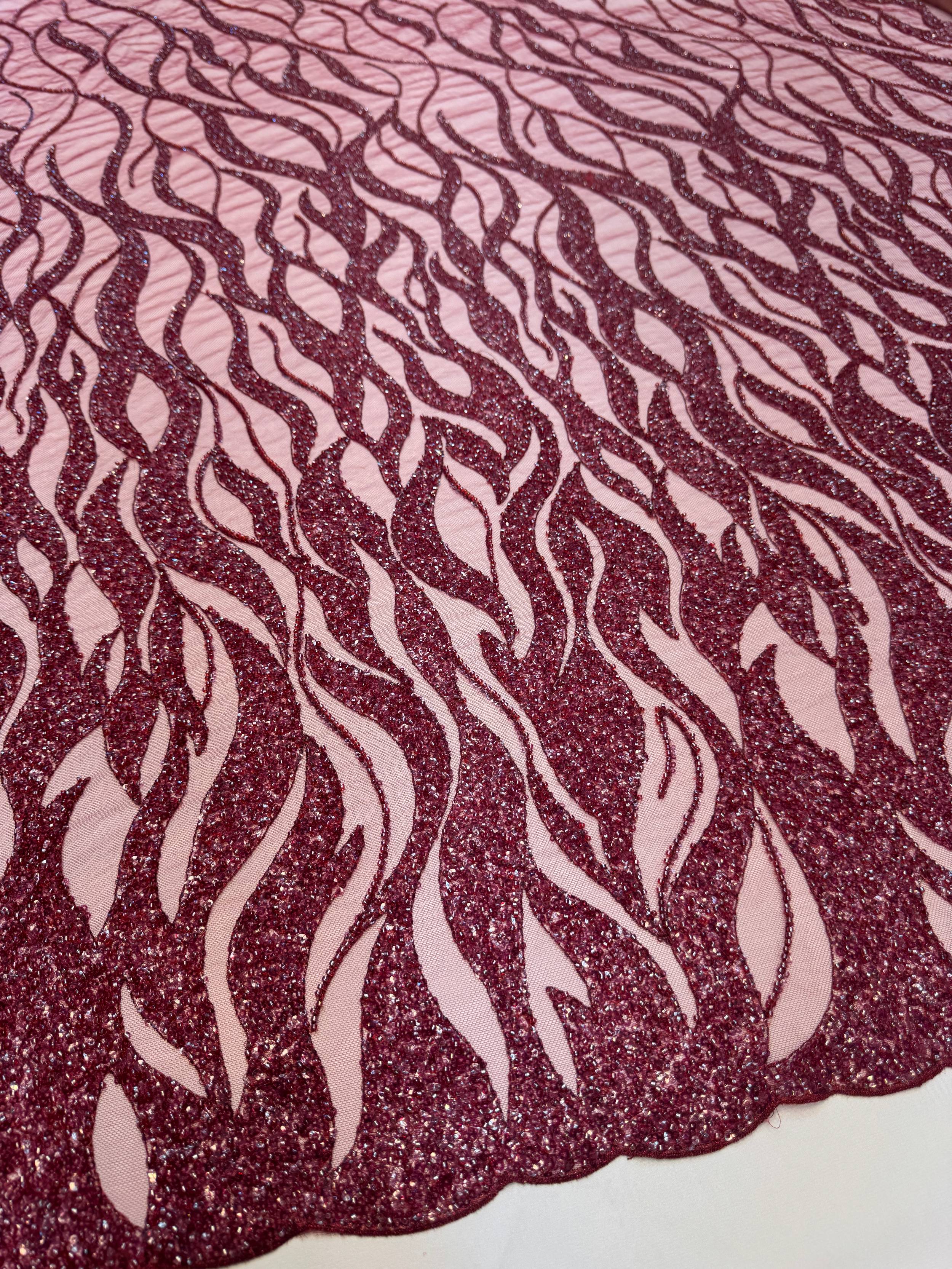 Burgundy Flame Sequin Beaded Lace, Beaded Lace Fabric, Sequin Lace Fabric, Flame Sequin Fabric, Embroidered Lace Fabric, Embellished Mesh Fabric, Beaded Mesh Fabric