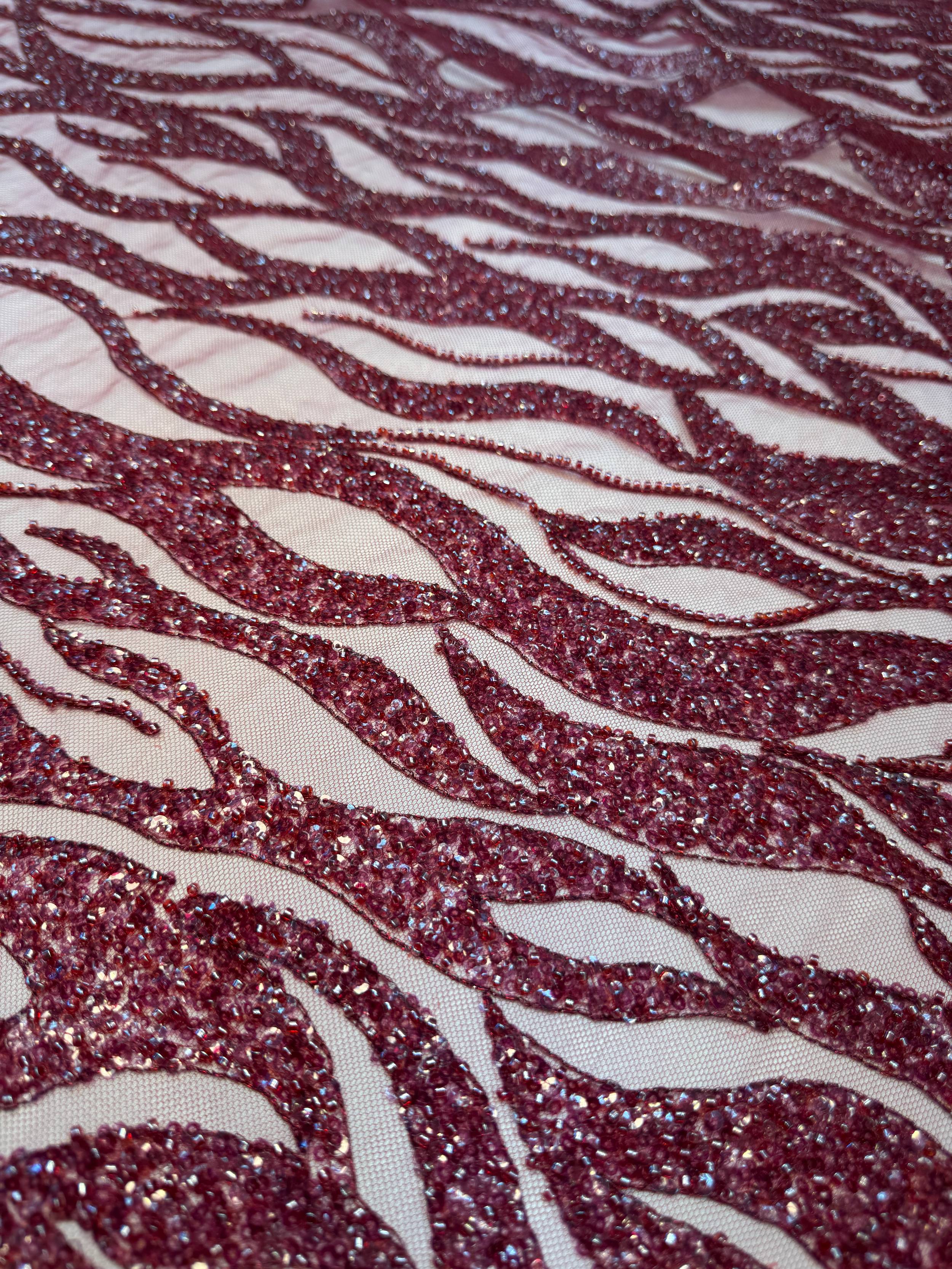 Burgundy Flame Sequin Beaded Lace, Beaded Lace Fabric, Sequin Lace Fabric, Flame Sequin Fabric, Embroidered Lace Fabric, Embellished Mesh Fabric, Beaded Mesh Fabric