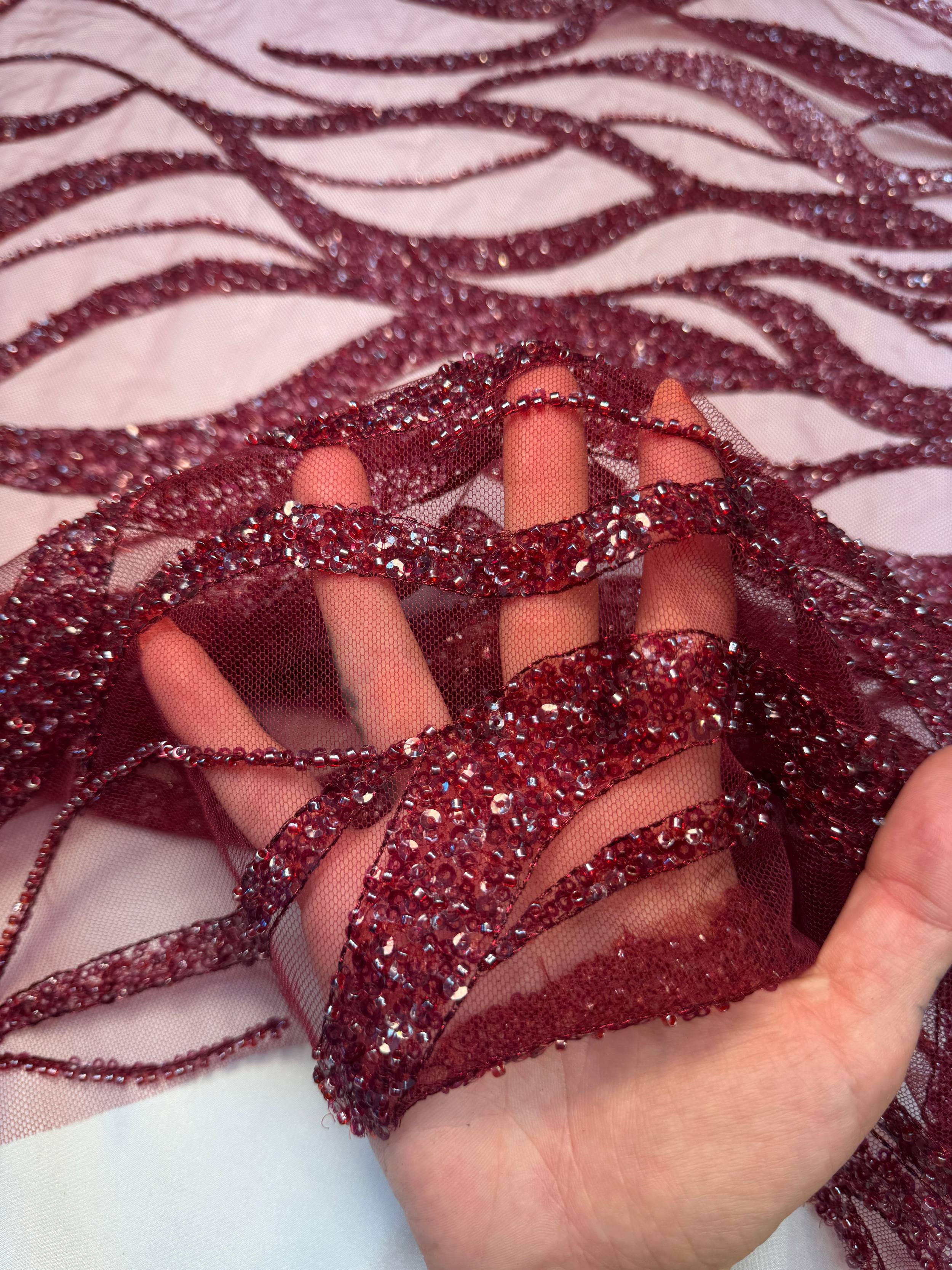 Burgundy Flame Sequin Beaded Lace, Kiki Sewing Store, Kiki Luxury Fabric, Cheap Fabric Store, Kiki Textiles, Kiki Textile by the Yard, Kiki Textile USA