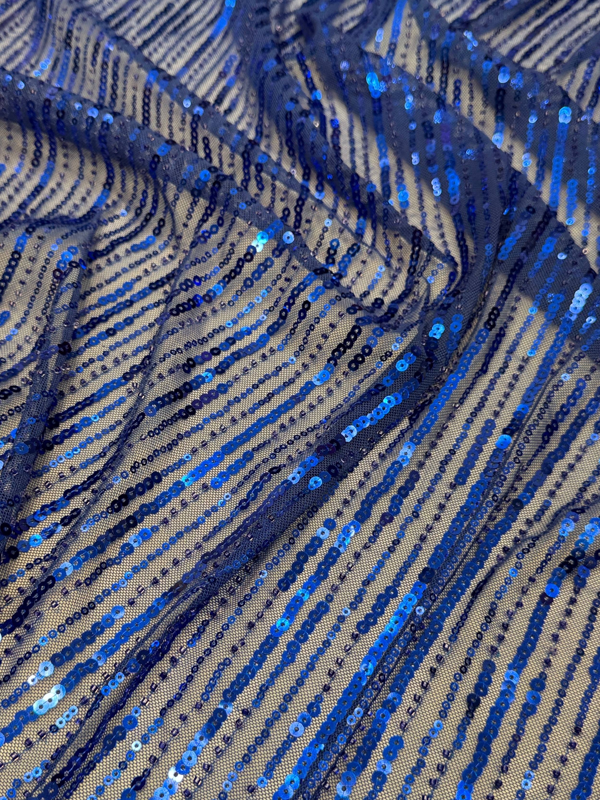 Royal Blue Waterfall Stretch Sequin Mesh, Waterfall Sequin Fabric, Sequin Stretch Fabric, Sparkle Mesh Fabric, Glitter Mesh Fabric, Stretch Mesh Fabric
