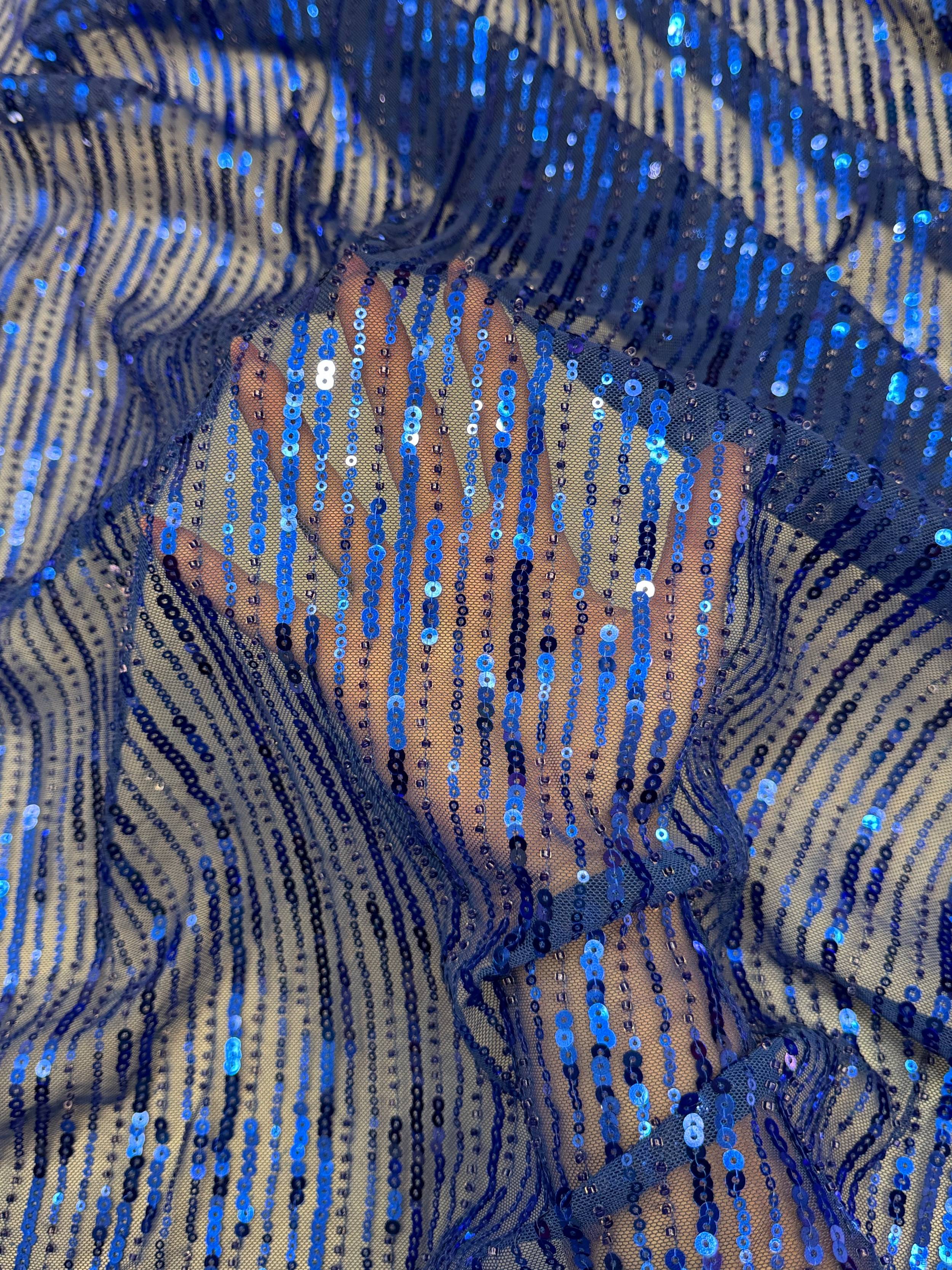Royal Blue Waterfall Stretch Sequin Mesh, Kiki Sewing Store, Kiki Luxury Fabric, Cheap Fabric Store, Kiki Textiles, Kiki Textile by the Yard, Kiki Textile USA