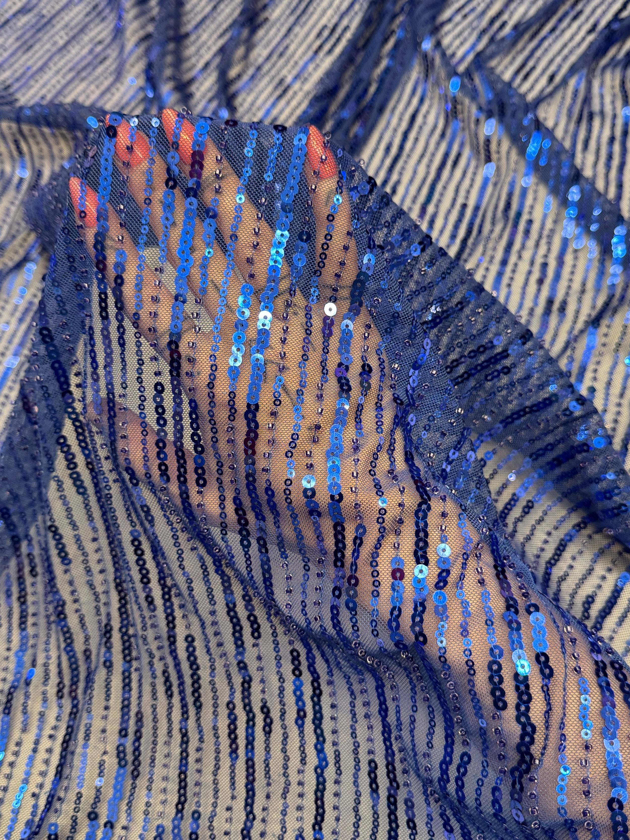 Royal Blue Waterfall Stretch Sequin Mesh, Kiki Sewing Store, Kiki Luxury Fabric, Cheap Fabric Store, Kiki Textiles, Kiki Textile by the Yard, Kiki Textile USA