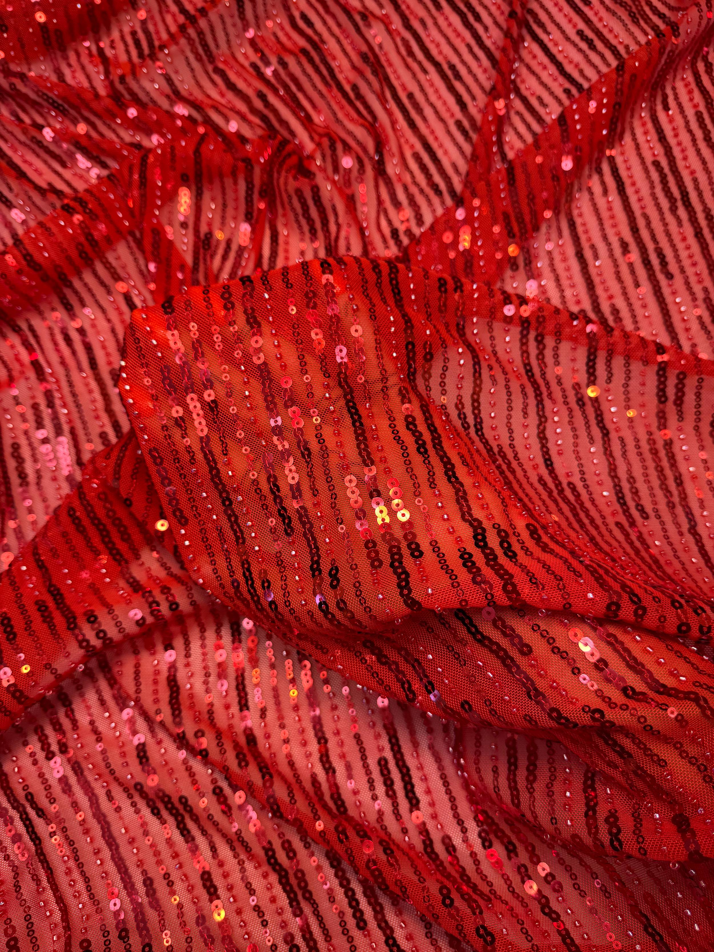 Red Waterfall Stretch Sequin Mesh, Waterfall Sequin Fabric, Sequin Stretch Fabric, Sparkle Mesh Fabric, Glitter Mesh Fabric, Stretch Mesh Fabric