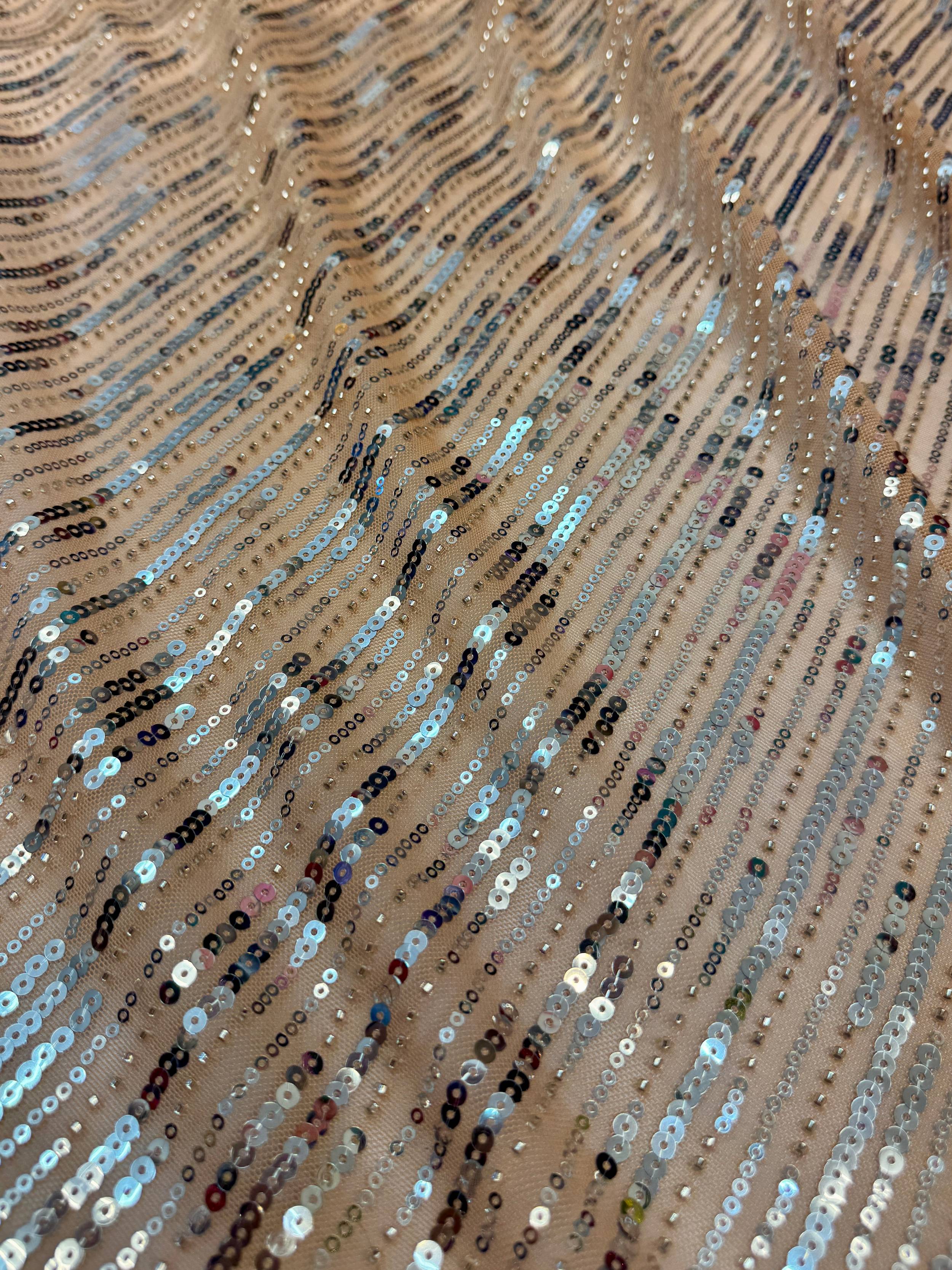 Champagne Waterfall Stretch Sequin Mesh, Waterfall Sequin Fabric, Sequin Stretch Fabric, Sparkle Mesh Fabric, Glitter Mesh Fabric, Stretch Mesh Fabric