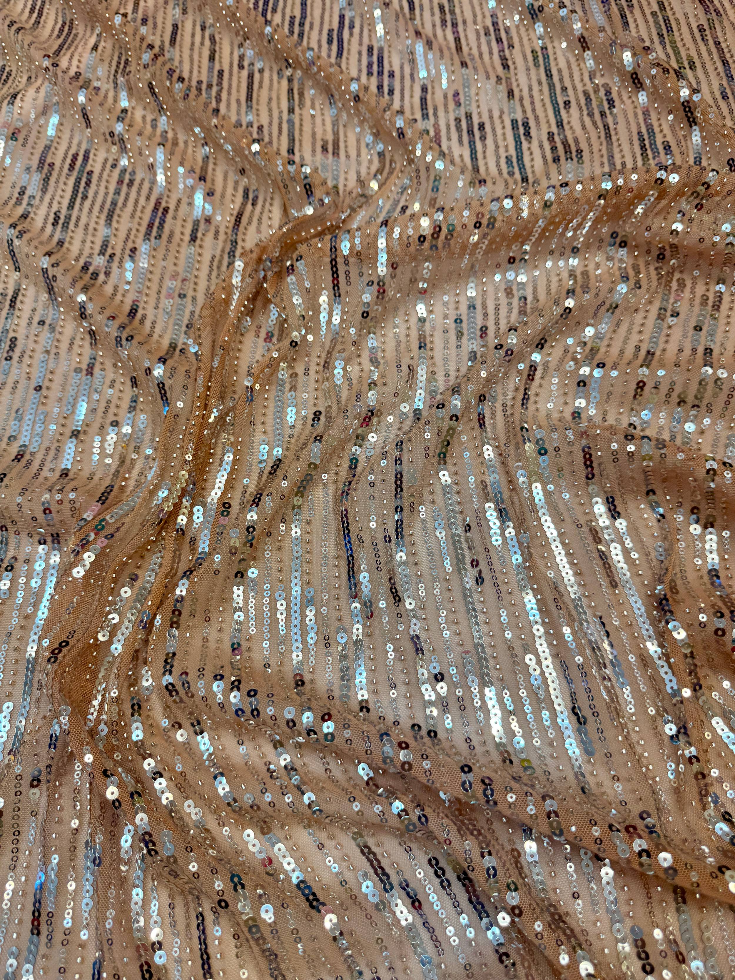 Champagne Waterfall Stretch Sequin Mesh, Waterfall Sequin Fabric, Sequin Stretch Fabric, Sparkle Mesh Fabric, Glitter Mesh Fabric, Stretch Mesh Fabric
