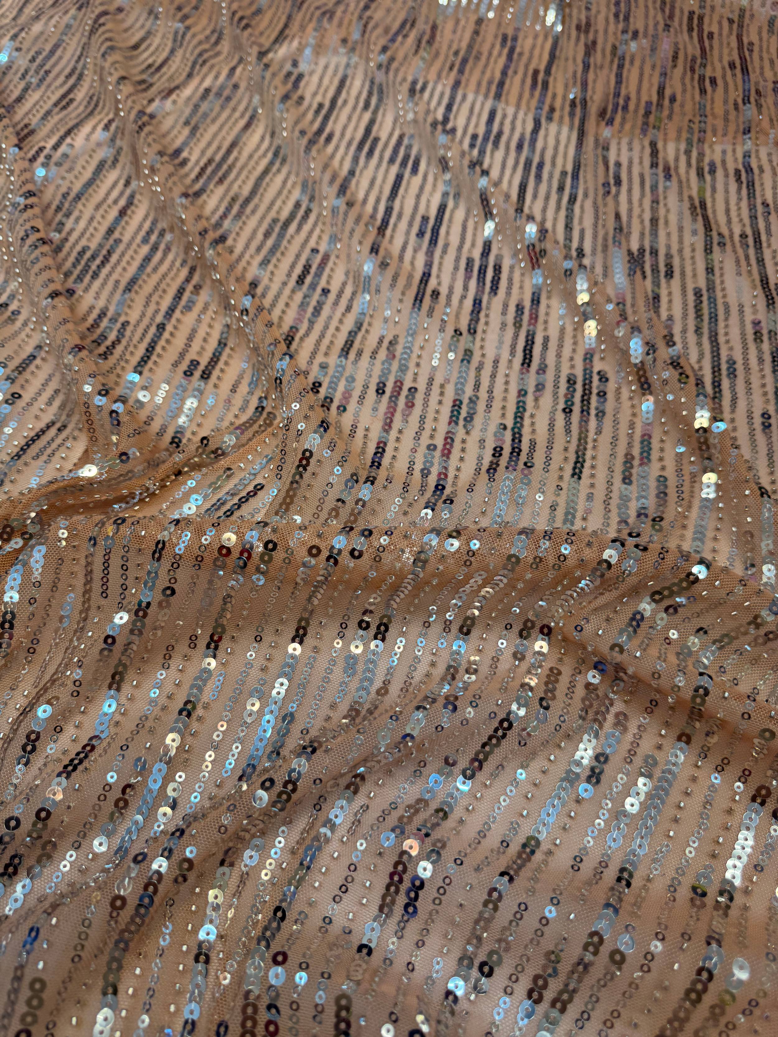 Champagne Waterfall Stretch Sequin Mesh, Waterfall Sequin Fabric, Sequin Stretch Fabric, Sparkle Mesh Fabric, Glitter Mesh Fabric, Stretch Mesh Fabric