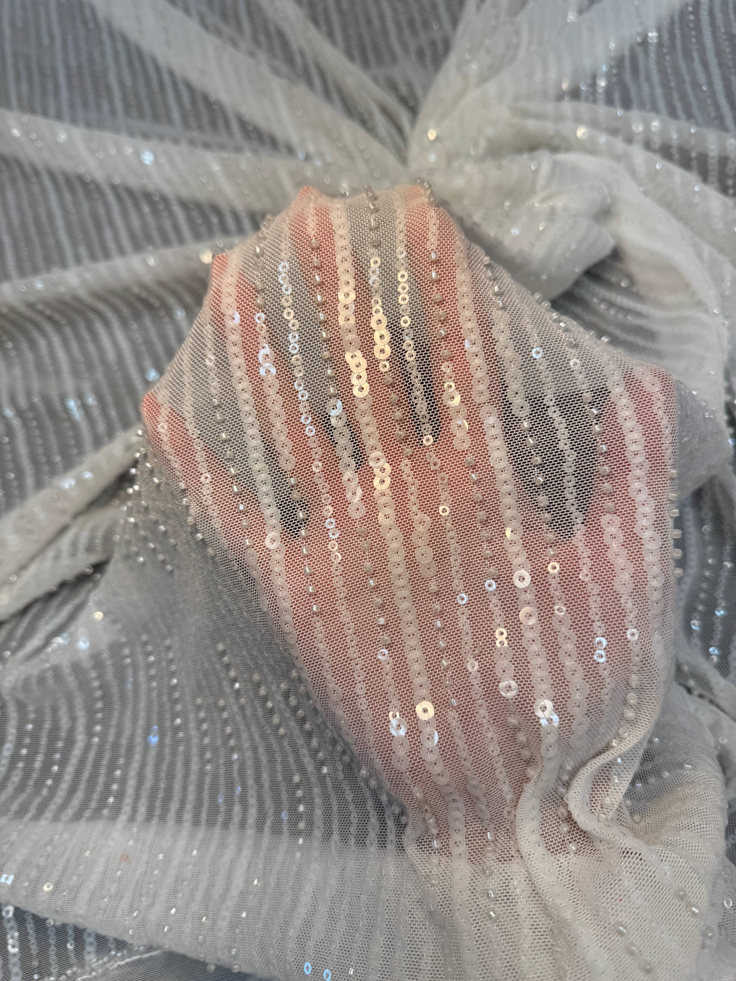 Off White Waterfall Stretch Sequin Mesh, Kiki Sewing Store, Kiki Luxury Fabric, Cheap Fabric Store, Kiki Textiles, Kiki Textile by the Yard, Kiki Textile USA