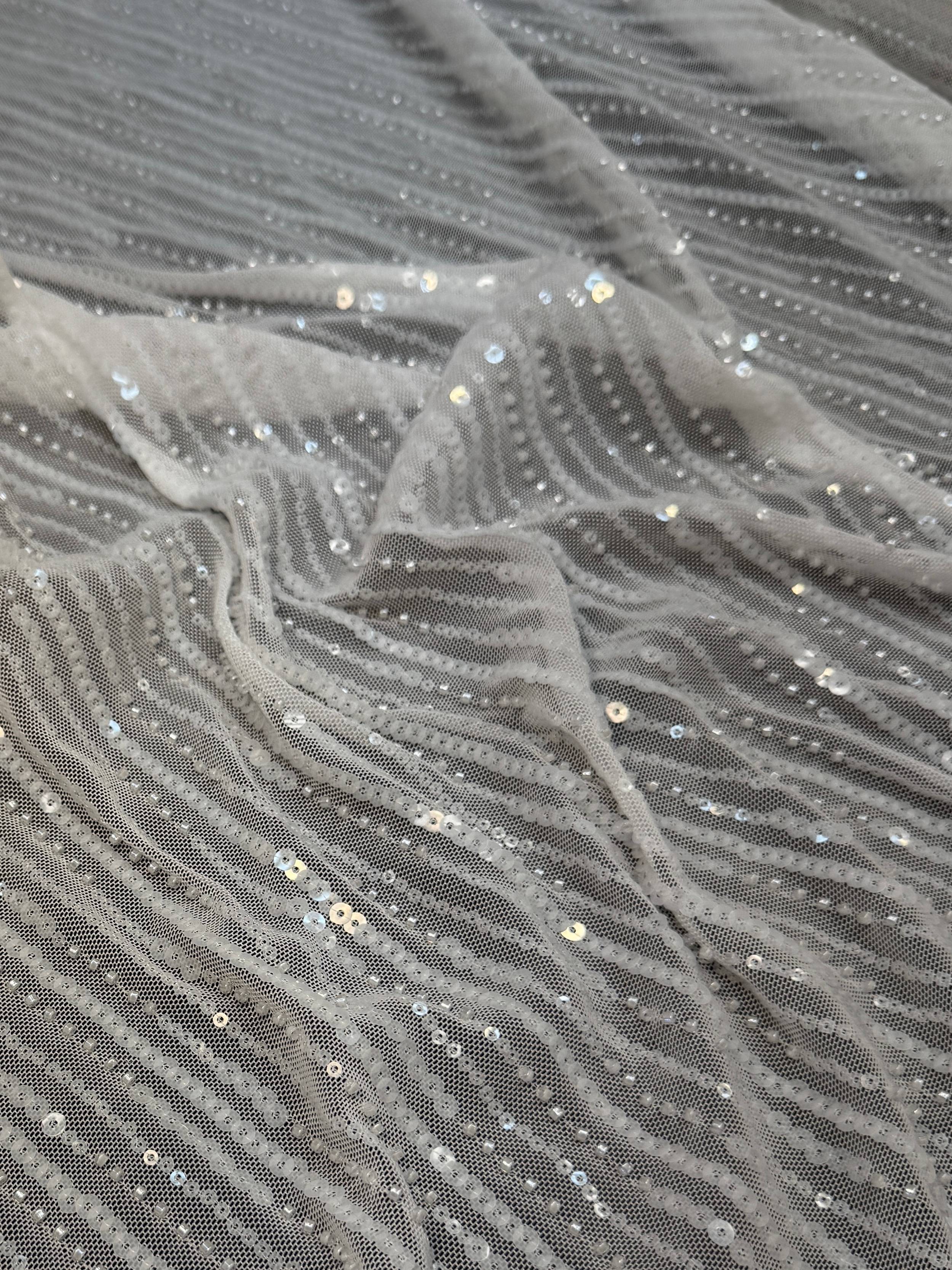 Off White Waterfall Stretch Sequin Mesh, Waterfall Sequin Fabric, Sequin Stretch Fabric, Sparkle Mesh Fabric, Glitter Mesh Fabric, Stretch Mesh Fabric