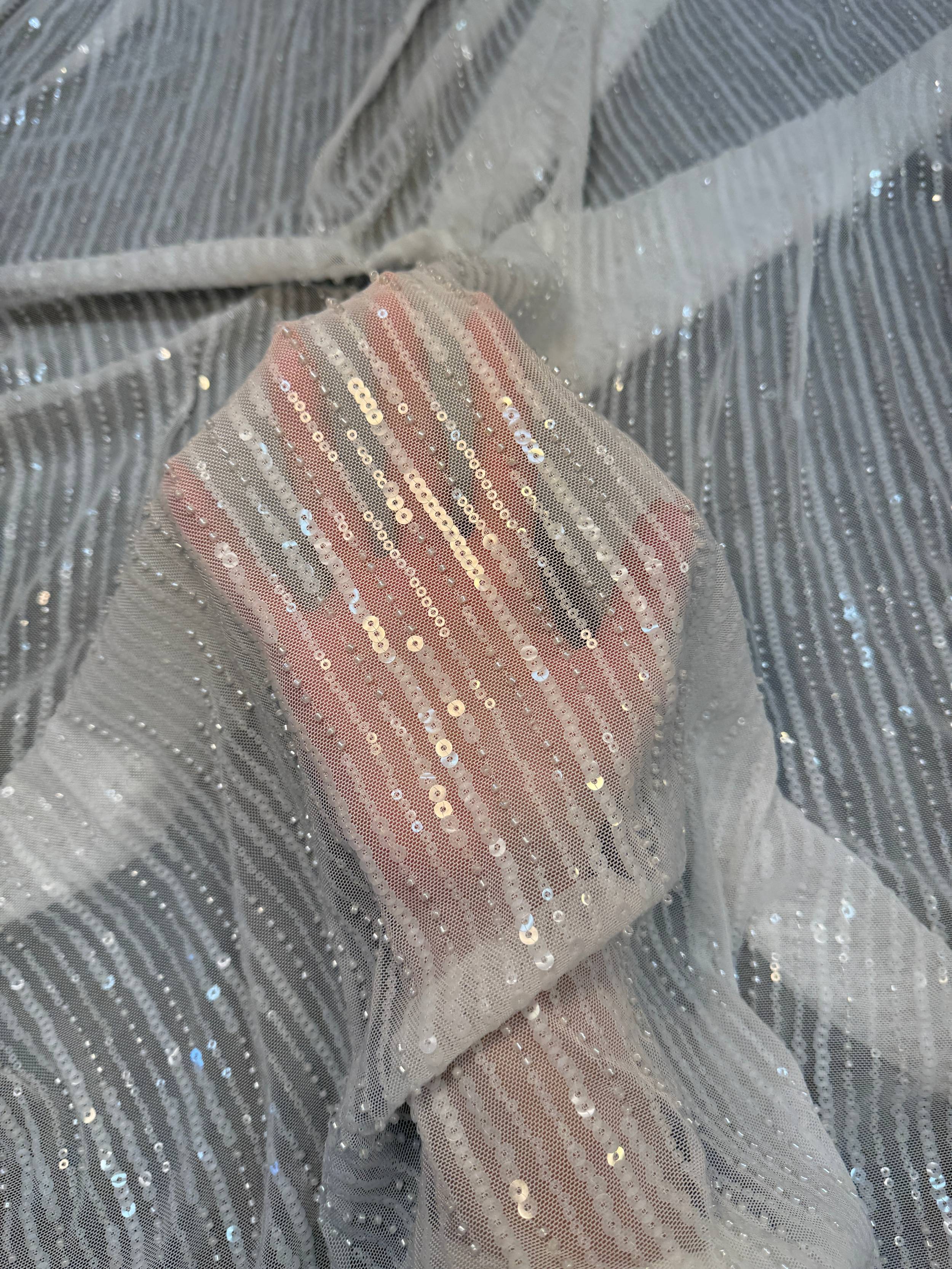Off White Waterfall Stretch Sequin Mesh, Kiki Sewing Store, Kiki Luxury Fabric, Cheap Fabric Store, Kiki Textiles, Kiki Textile by the Yard, Kiki Textile USA