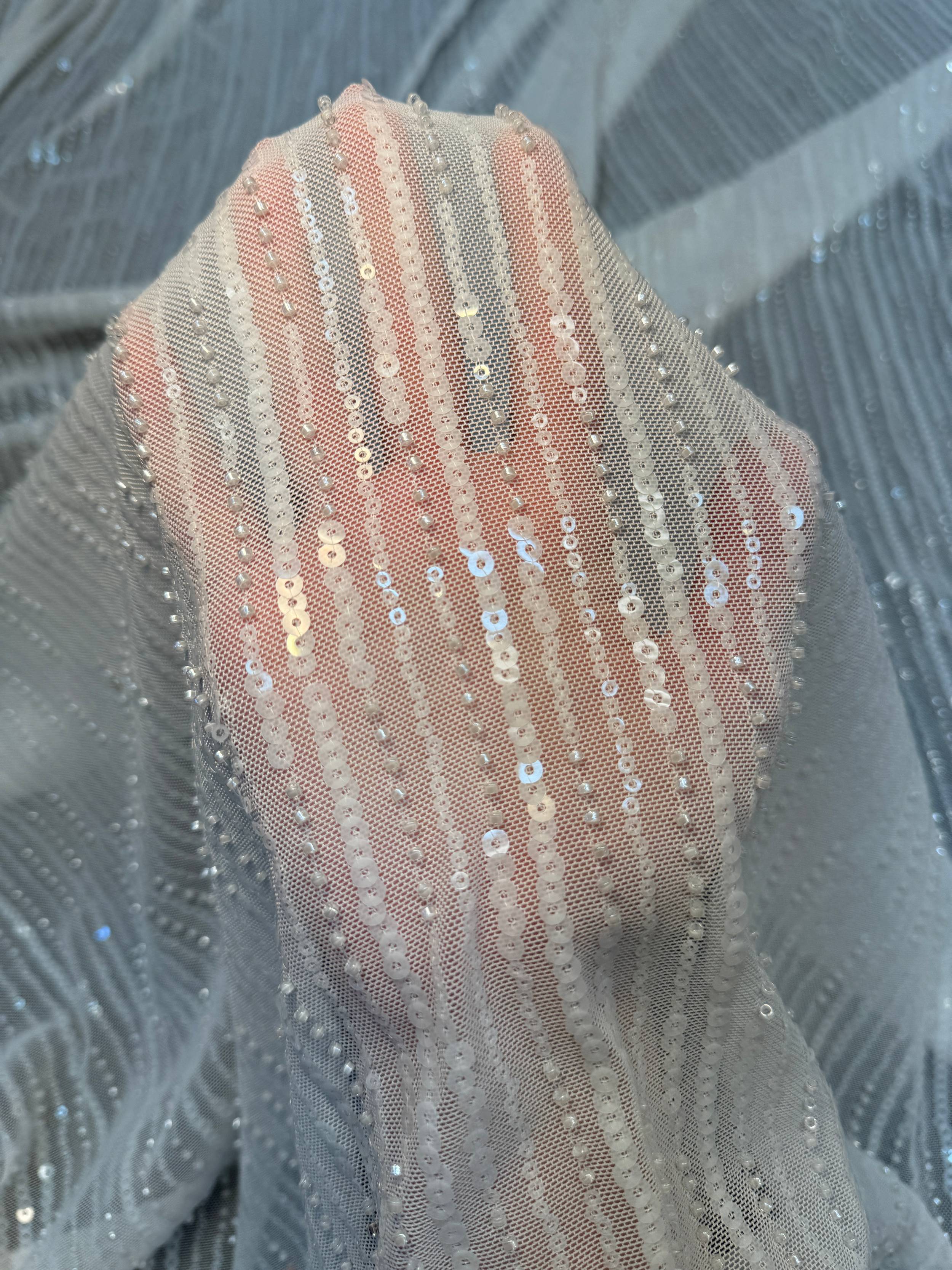 Off White Waterfall Stretch Sequin Mesh, Kiki Sewing Store, Kiki Luxury Fabric, Cheap Fabric Store, Kiki Textiles, Kiki Textile by the Yard, Kiki Textile USA