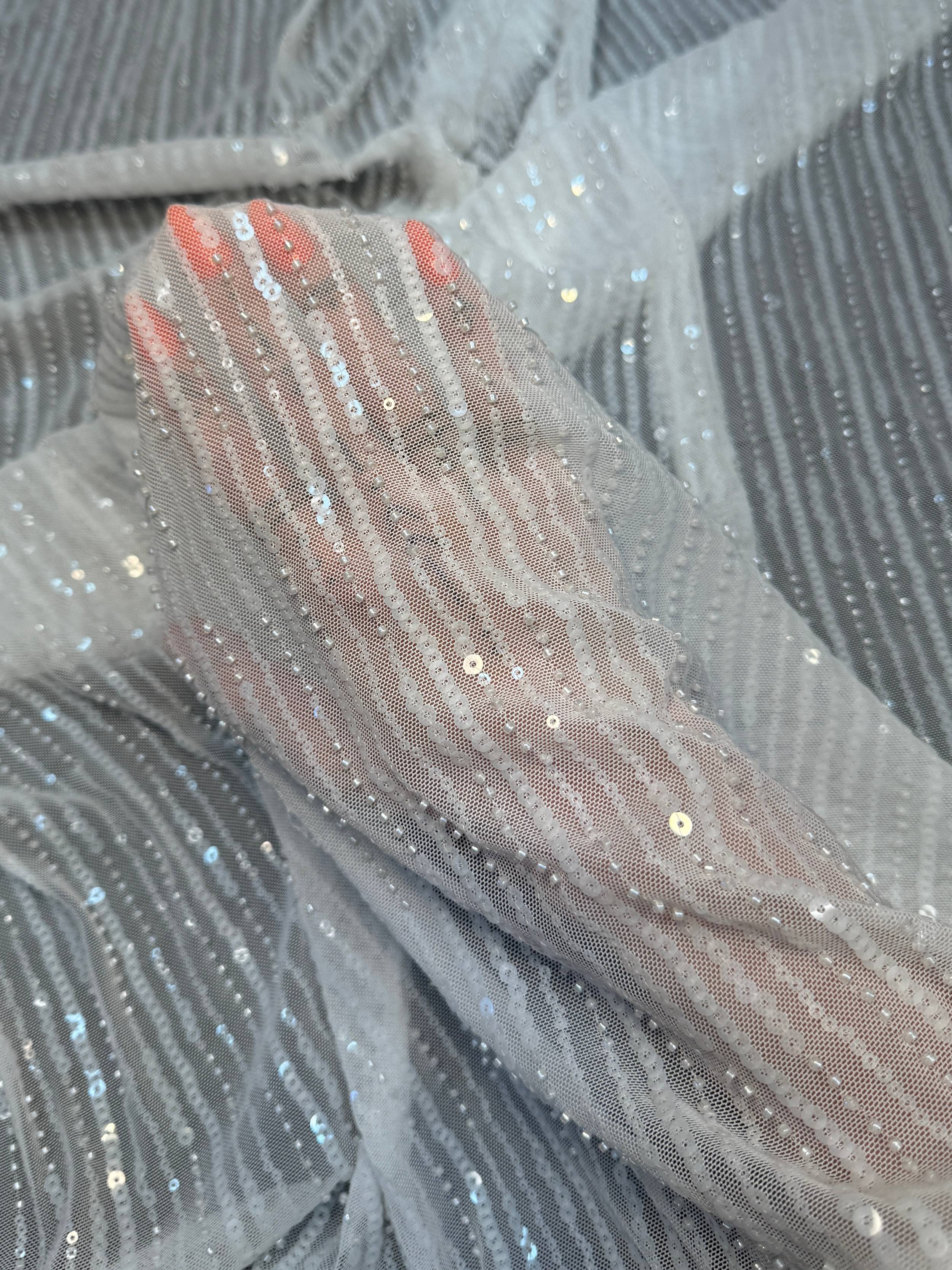Off White Waterfall Stretch Sequin Mesh, Kiki Sewing Store, Kiki Luxury Fabric, Cheap Fabric Store, Kiki Textiles, Kiki Textile by the Yard, Kiki Textile USA