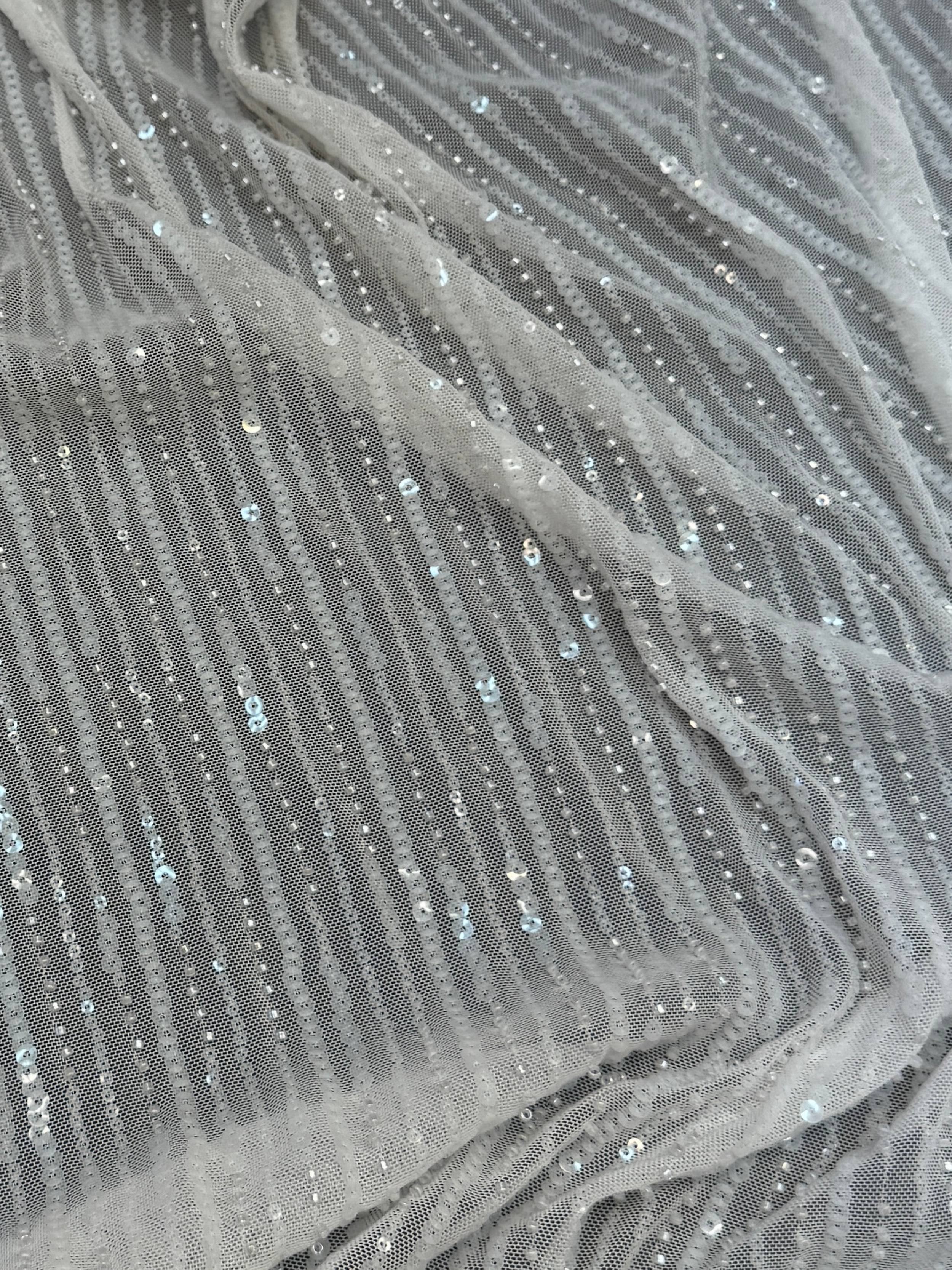 Off White Waterfall Stretch Sequin Mesh, Waterfall Sequin Fabric, Sequin Stretch Fabric, Sparkle Mesh Fabric, Glitter Mesh Fabric, Stretch Mesh Fabric