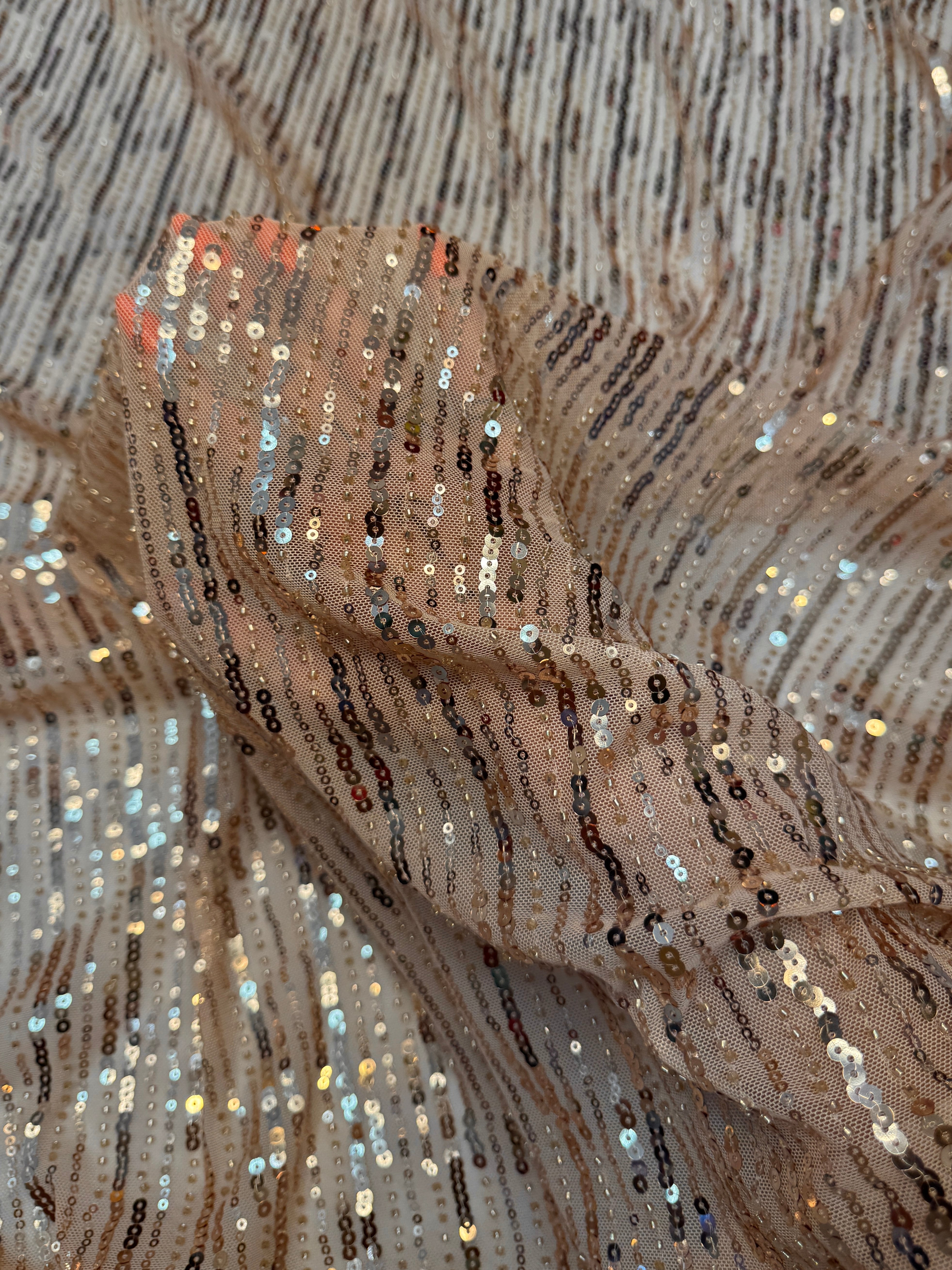 Nude Champagne Waterfall Stretch Sequin Mesh, Kiki Sewing Store, Kiki Luxury Fabric, Cheap Fabric Store, Kiki Textiles, Kiki Textile by the Yard, Kiki Textile USA