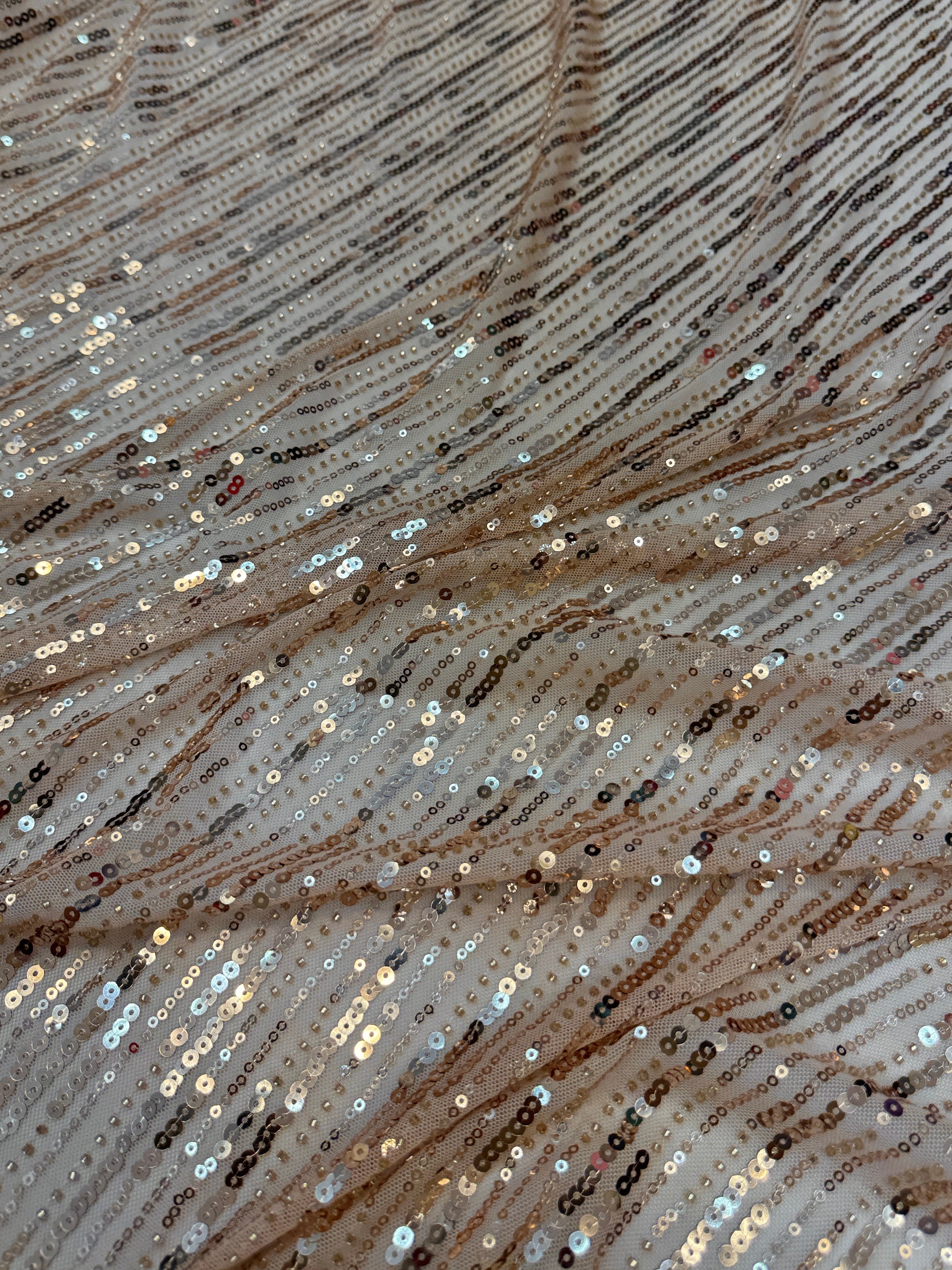 Nude Champagne Waterfall Stretch Sequin Mesh, Kiki Sewing Store, Kiki Luxury Fabric, Cheap Fabric Store, Kiki Textiles, Kiki Textile by the Yard, Kiki Textile USA