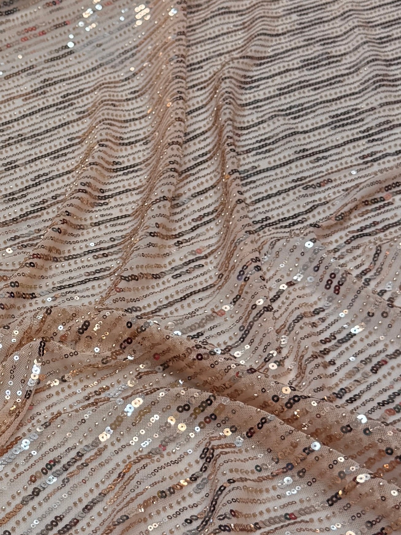 Nude Champagne Waterfall Stretch Sequin Mesh, Kiki Sewing Store, Kiki Luxury Fabric, Cheap Fabric Store, Kiki Textiles, Kiki Textile by the Yard, Kiki Textile USA