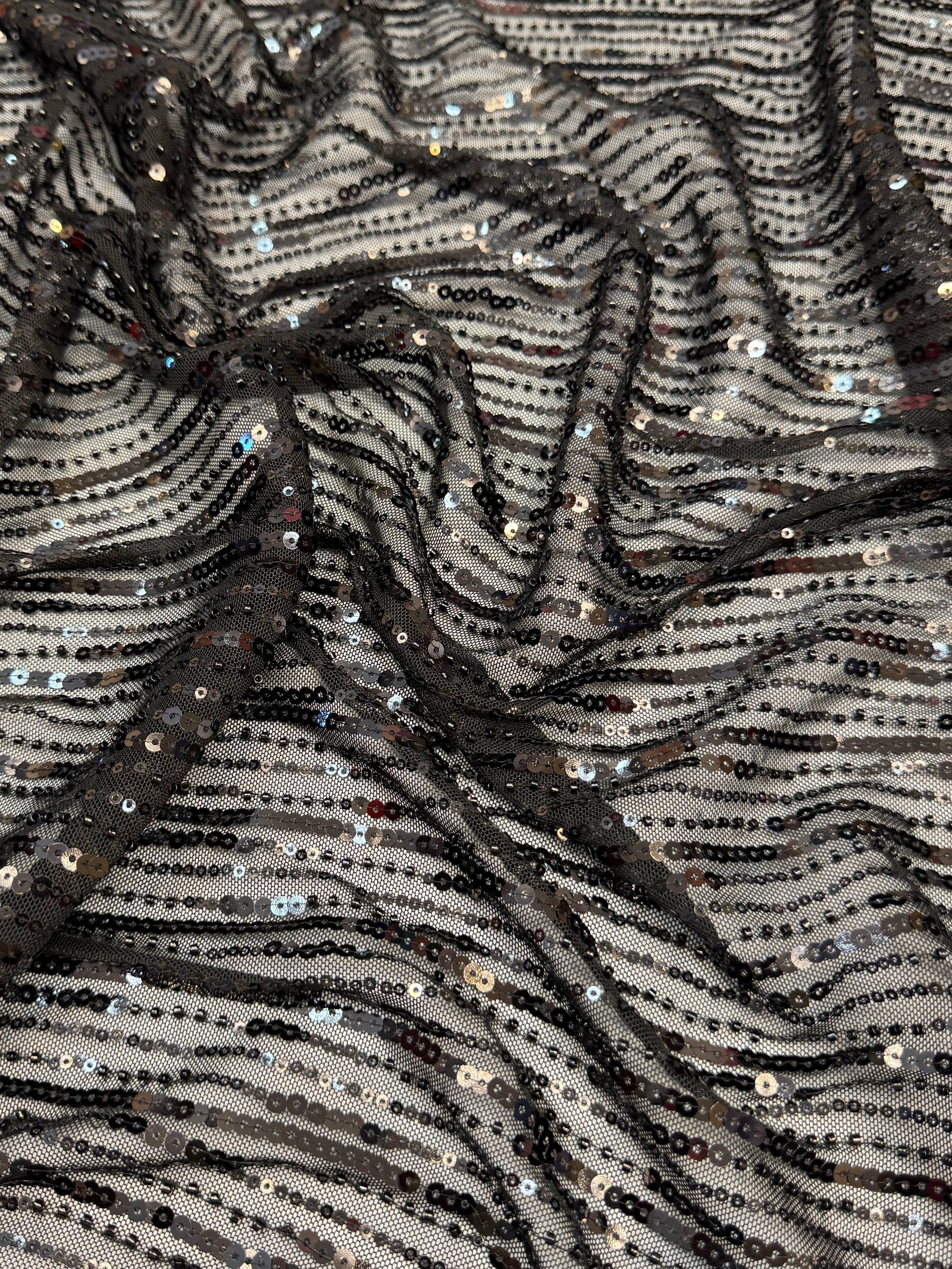 Black Waterfall Stretch Sequin Mesh, Waterfall Sequin Fabric, Sequin Stretch Fabric, Sparkle Mesh Fabric, Glitter Mesh Fabric, Stretch Mesh Fabric