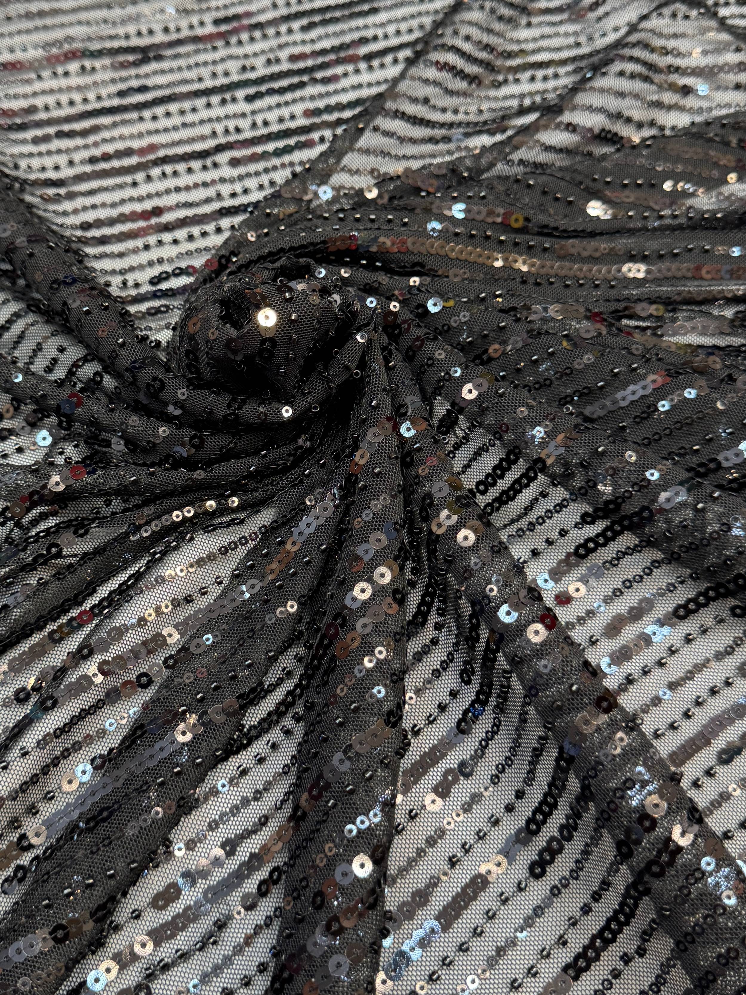 Black Waterfall Stretch Sequin Mesh, Waterfall Sequin Fabric, Sequin Stretch Fabric, Sparkle Mesh Fabric, Glitter Mesh Fabric, Stretch Mesh Fabric