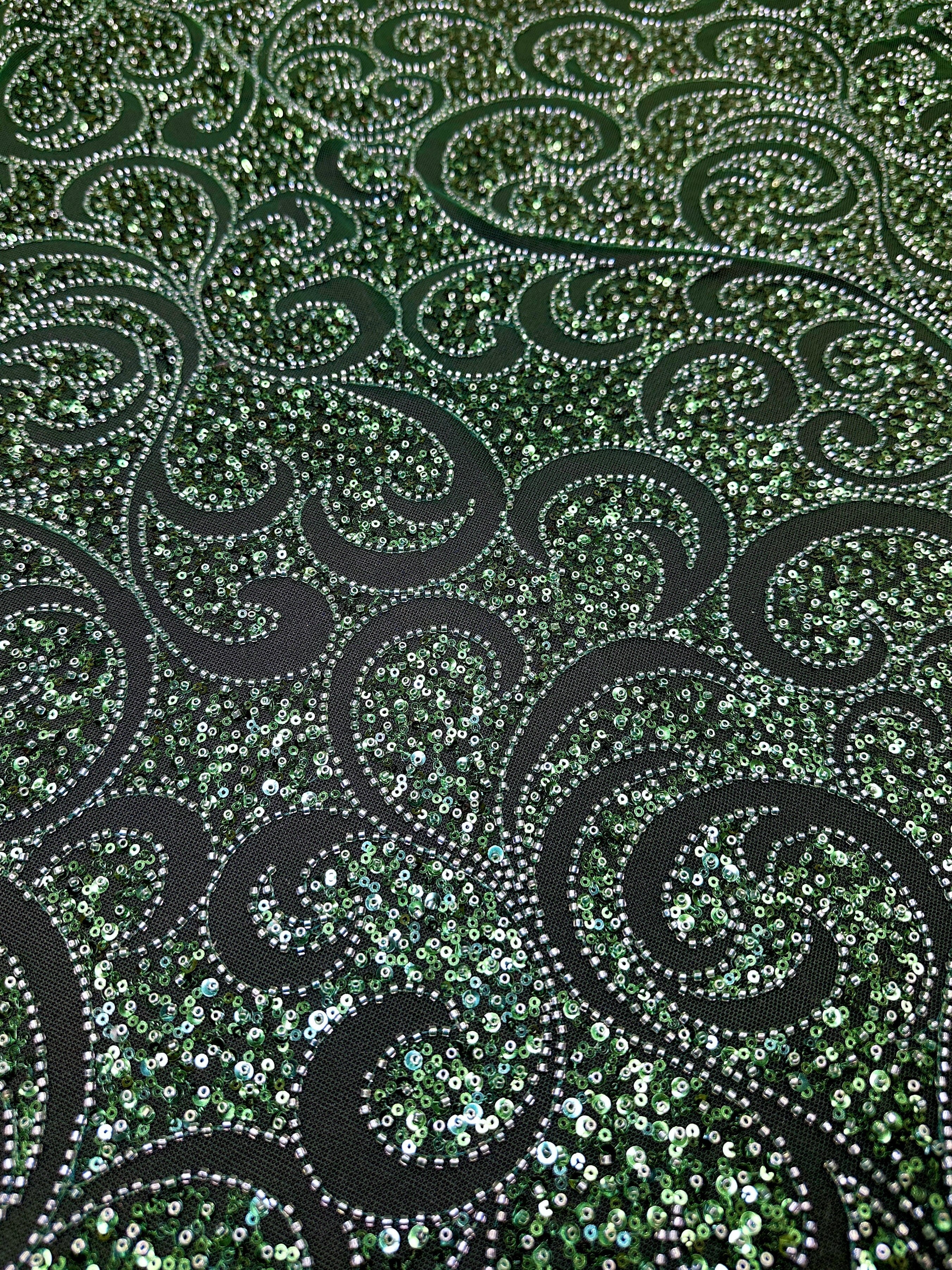 Emerald Green Sequin Beaded Scroll Lace on Mesh, Brocade for woman, shiny fabric for bride, Metallic Brocade, Brocade in low price, Shimmery fabric for party wear, Brocade for gown