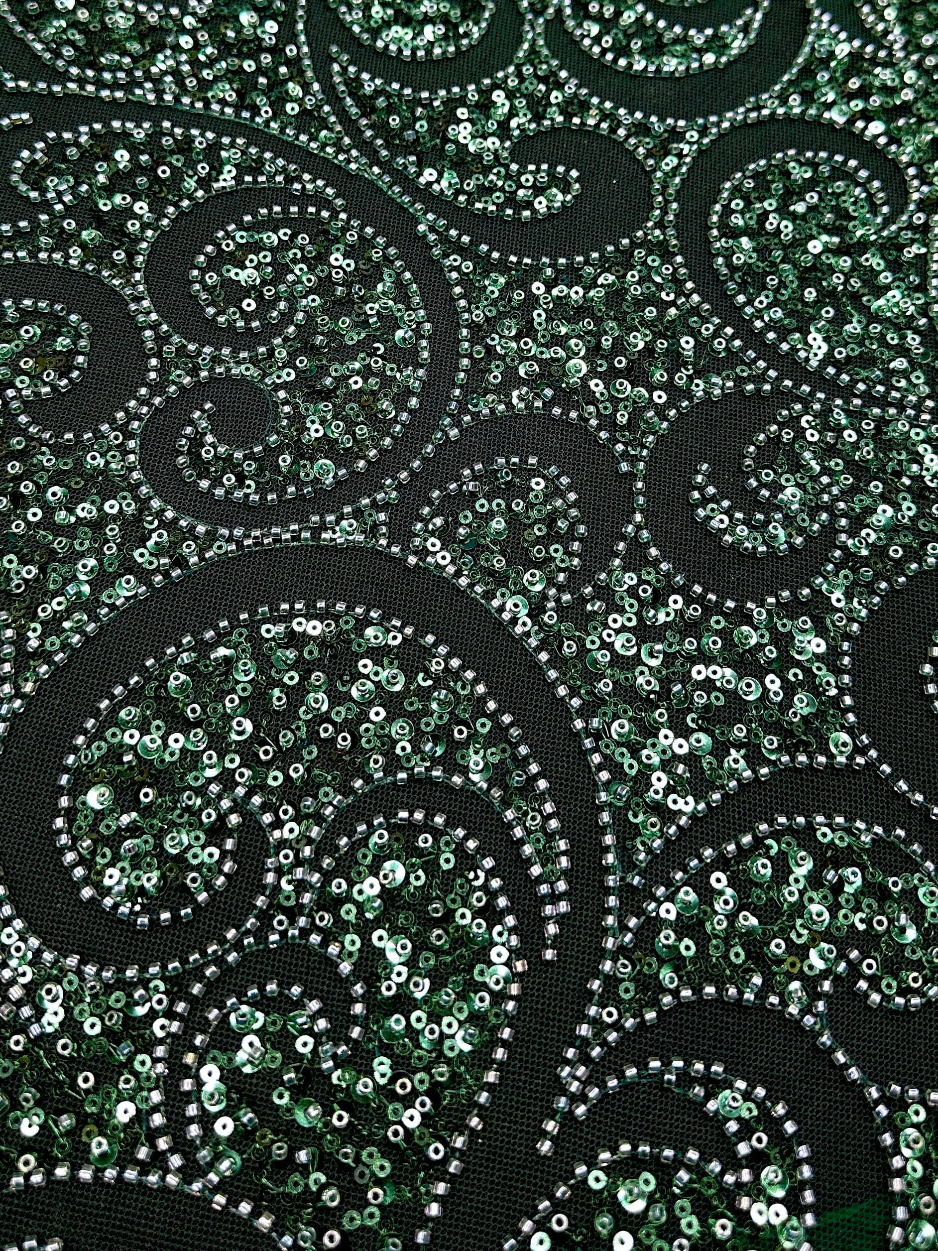 Emerald Green Sequin Beaded Scroll Lace on Mesh, Fabric Store, Sewing Store, Cheap Fabric Store, Kiki Textiles, Textile by the Yard