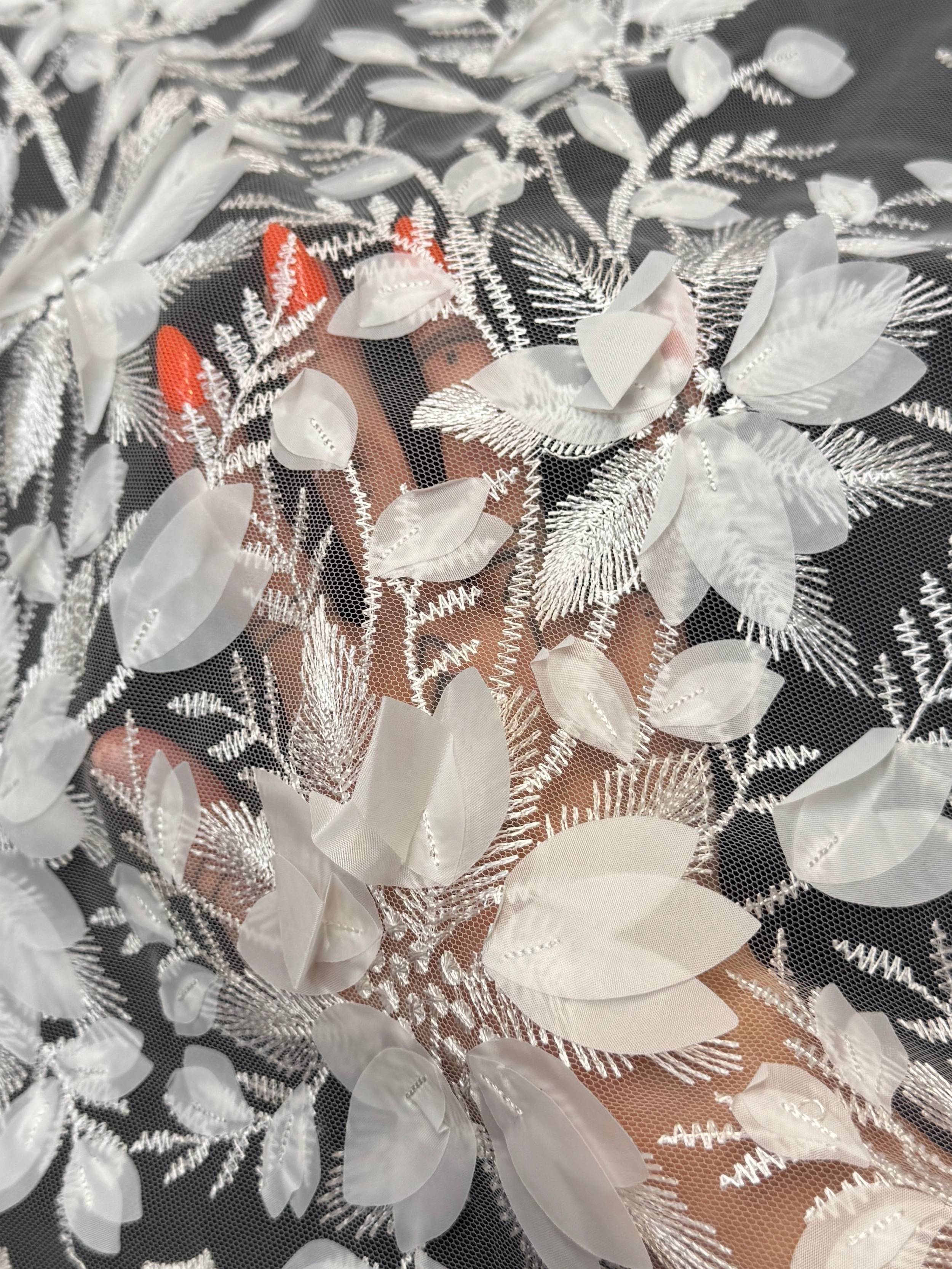 White Petals 3D Couture Embroidered Lace, Kiki Sewing Store, Kiki Luxury Fabric, Cheap Fabric Store, Kiki Textiles, Kiki Textile by the Yard, Kiki Textile USA