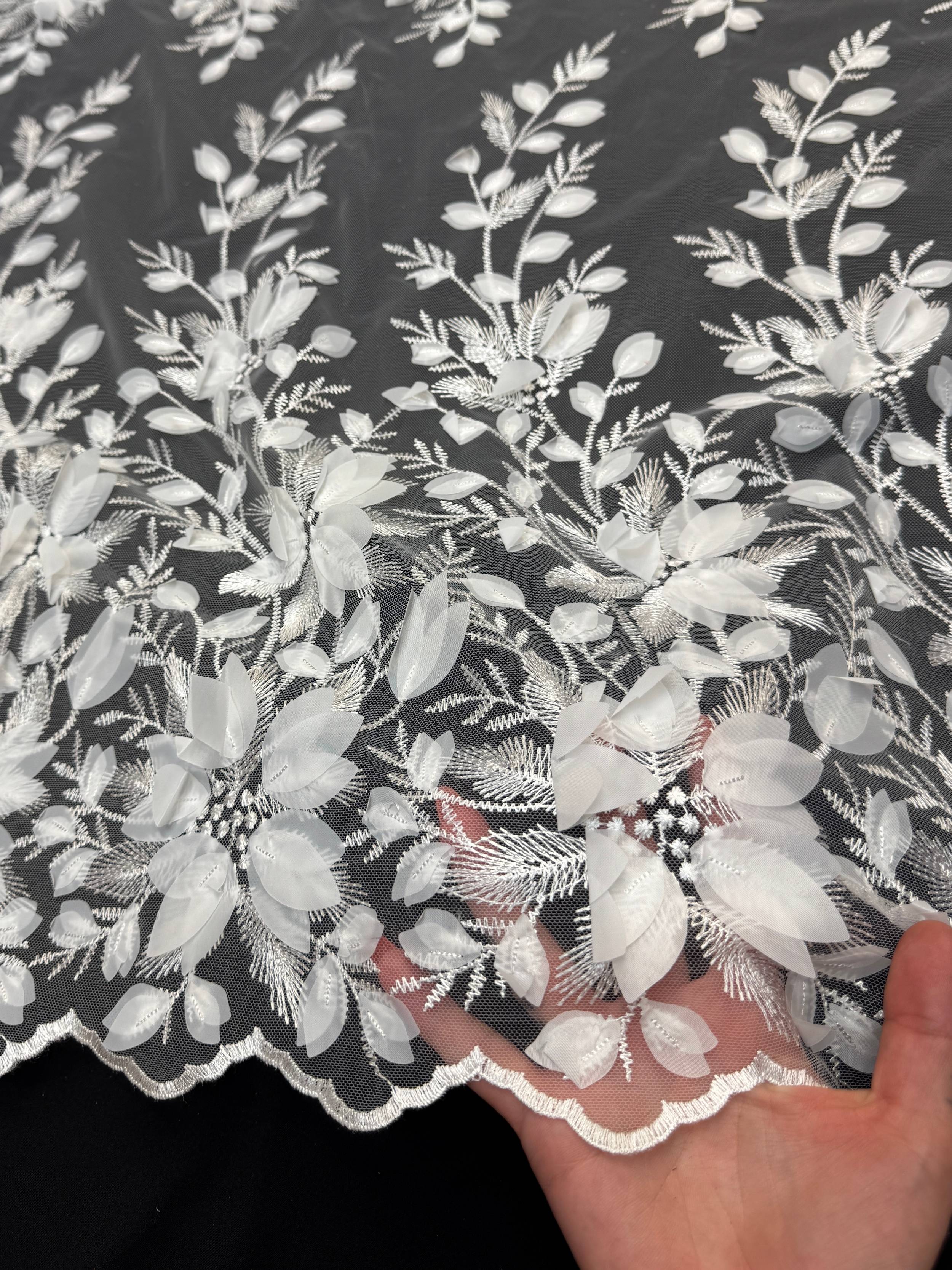 White Petals 3D Couture Embroidered Lace, Kiki Sewing Store, Kiki Luxury Fabric, Cheap Fabric Store, Kiki Textiles, Kiki Textile by the Yard, Kiki Textile USA