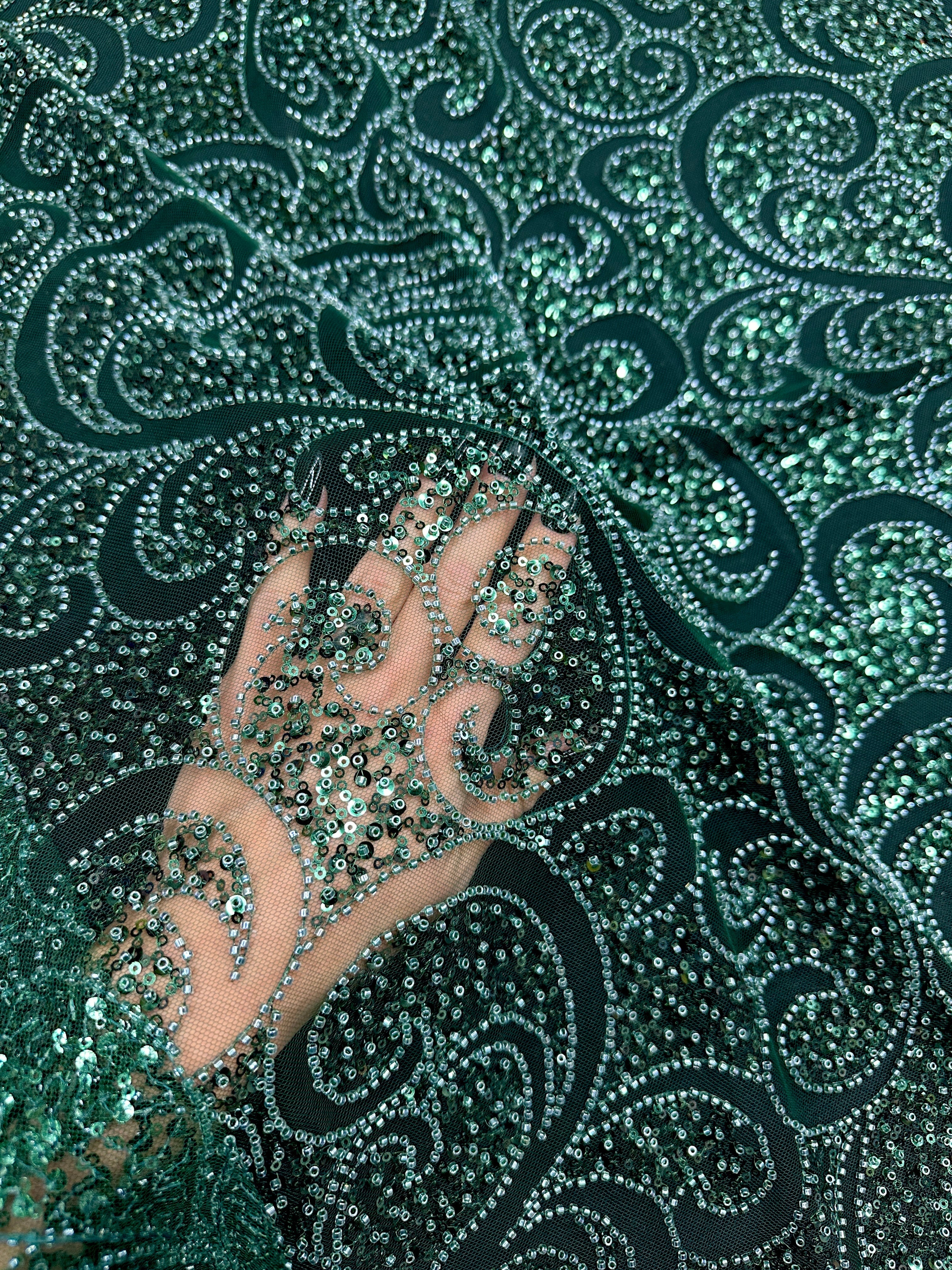 Emerald Green Sequin Beaded Scroll Lace on Mesh, Fabric Store, Sewing Store, Cheap Fabric Store, Kiki Textiles, Textile by the Yard