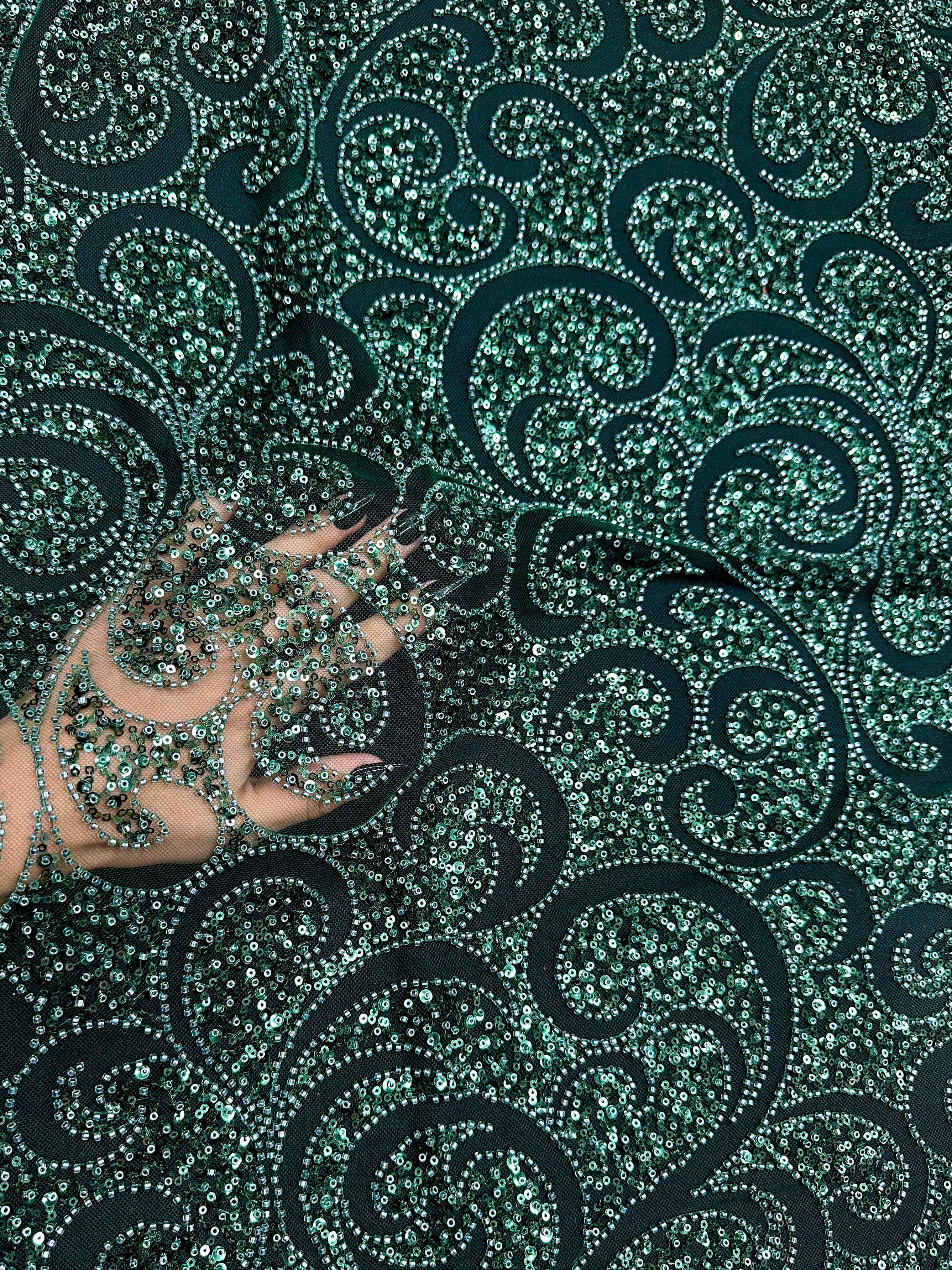 Emerald Green Sequin Beaded Scroll Lace on Mesh, Fabric Store, Sewing Store, Cheap Fabric Store, Kiki Textiles, Textile by the Yard