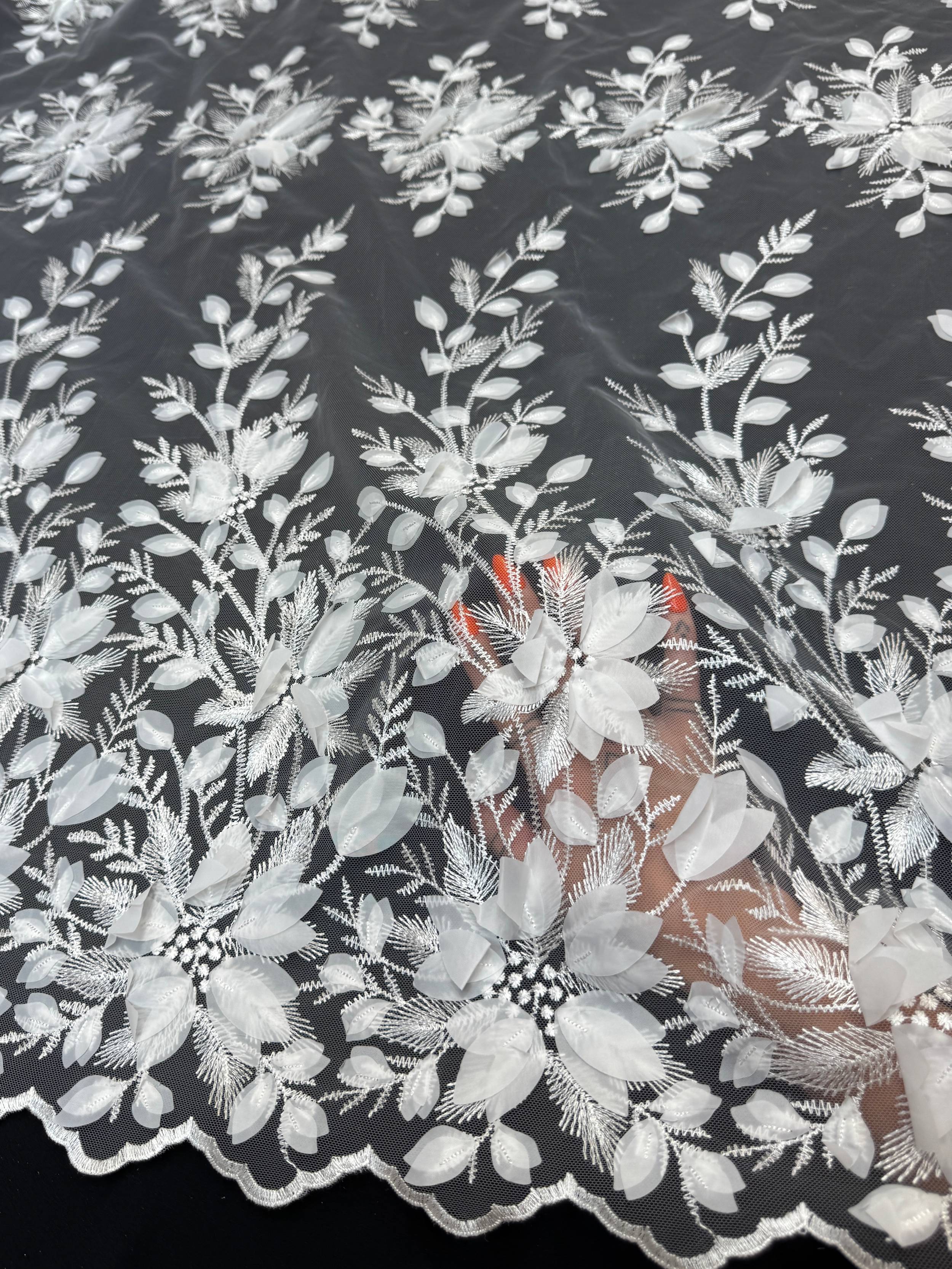 White Petals 3D Couture Embroidered Lace, Kiki Sewing Store, Kiki Luxury Fabric, Cheap Fabric Store, Kiki Textiles, Kiki Textile by the Yard, Kiki Textile USA