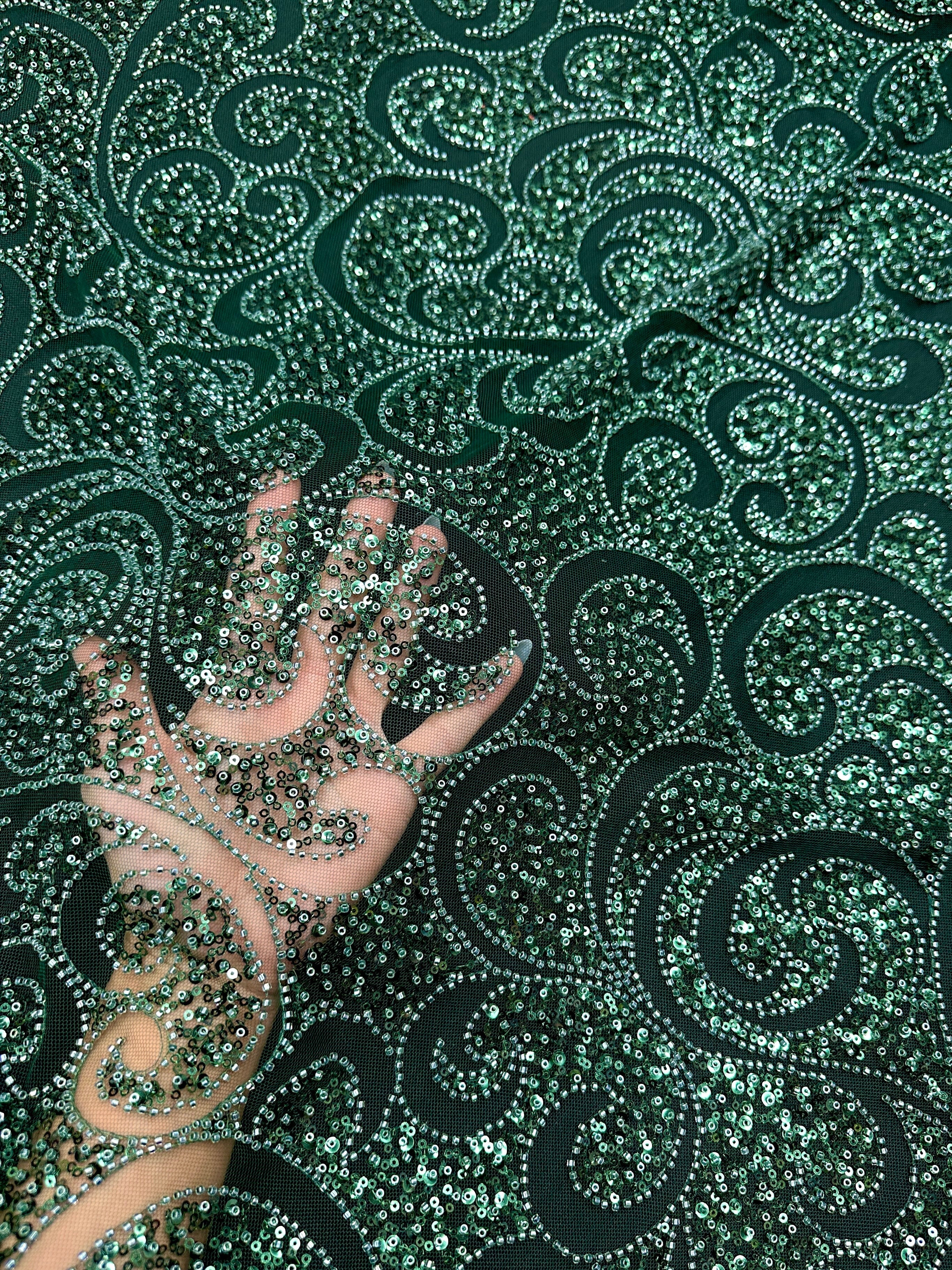 Emerald Green Sequin Beaded Scroll Lace on Mesh, Brocade for woman, shiny fabric for bride, Metallic Brocade, Brocade in low price, Shimmery fabric for party wear, Brocade for gown