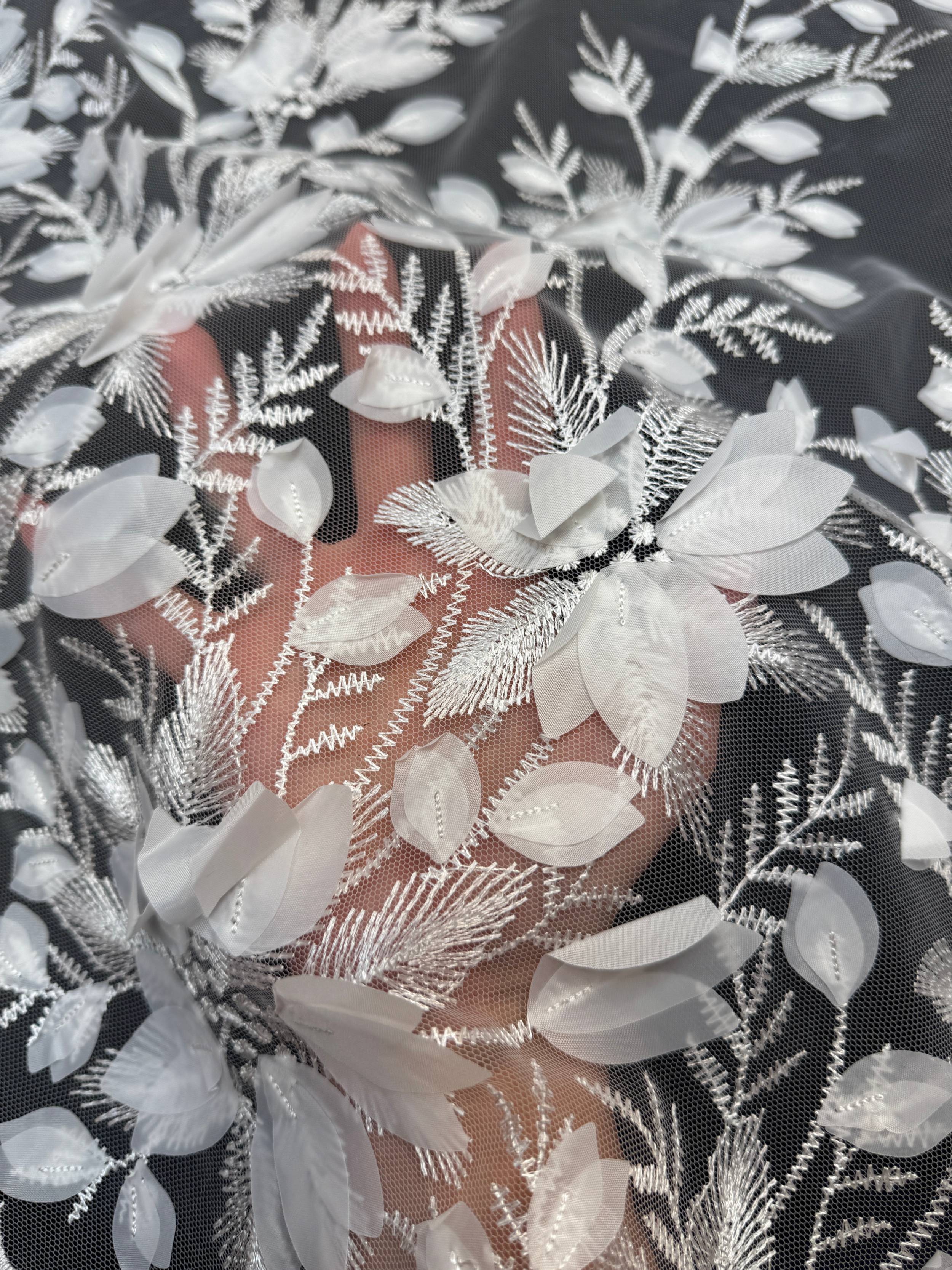 White Petals 3D Couture Embroidered Lace, Kiki Sewing Store, Kiki Luxury Fabric, Cheap Fabric Store, Kiki Textiles, Kiki Textile by the Yard, Kiki Textile USA